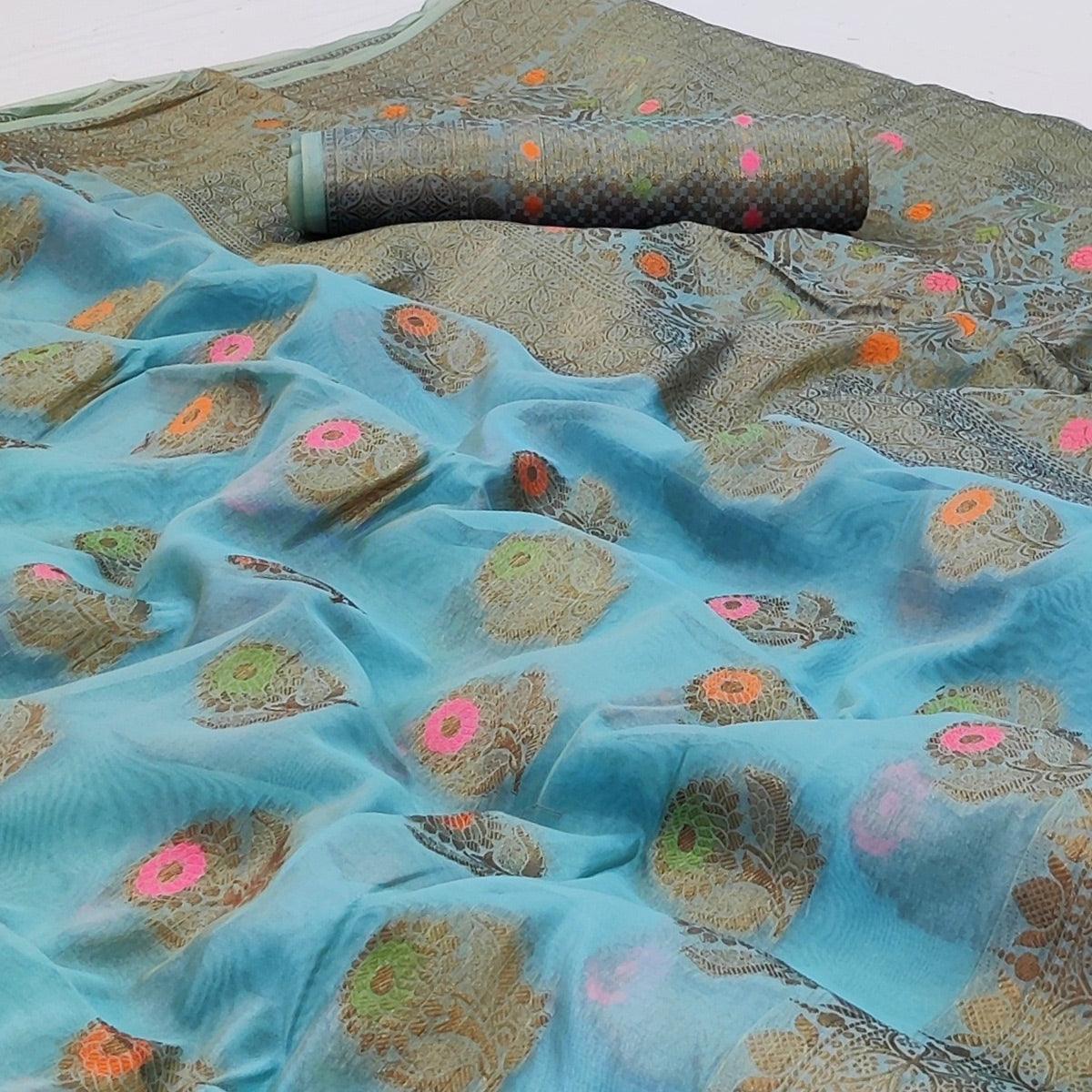 Blue Woven Organza Saree - Peachmode