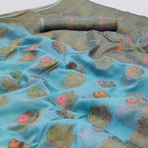 Blue Woven Organza Saree - Peachmode