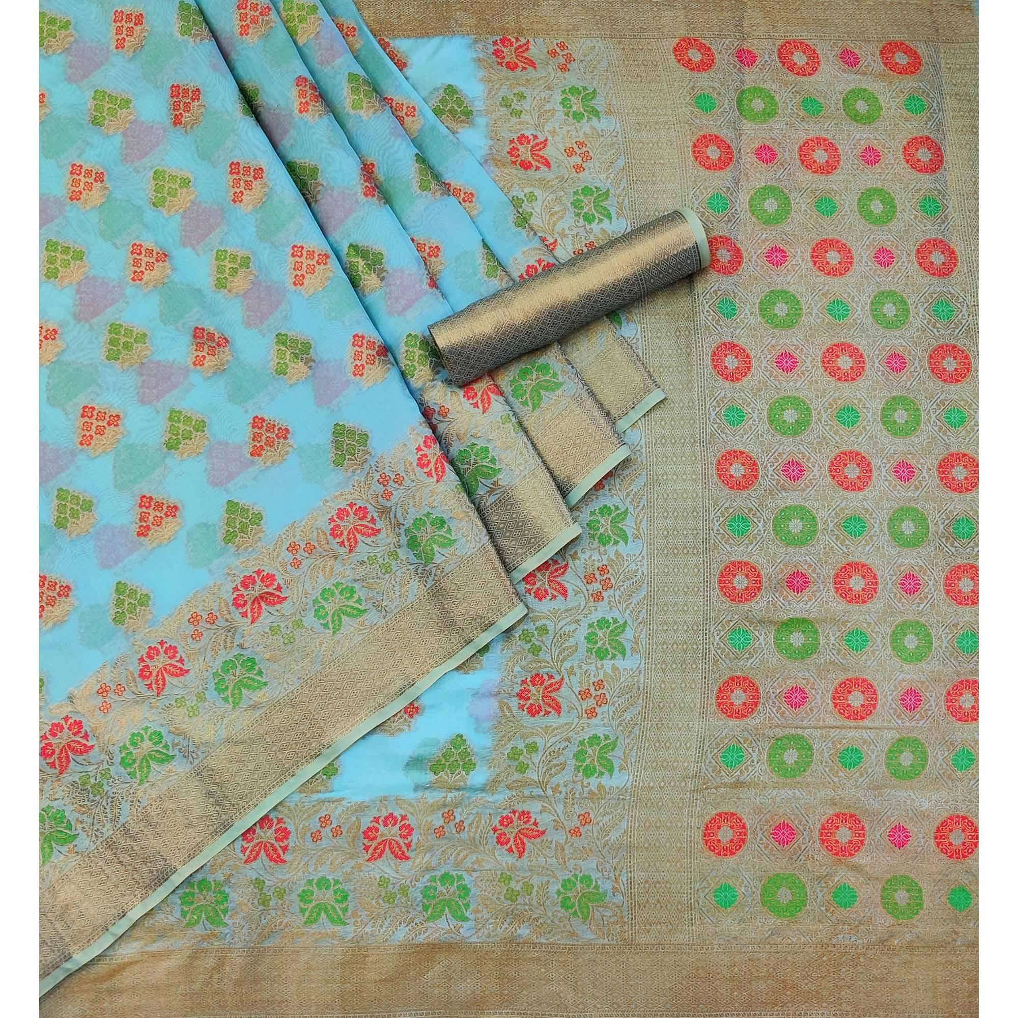 Blue Woven Organza Saree - Peachmode