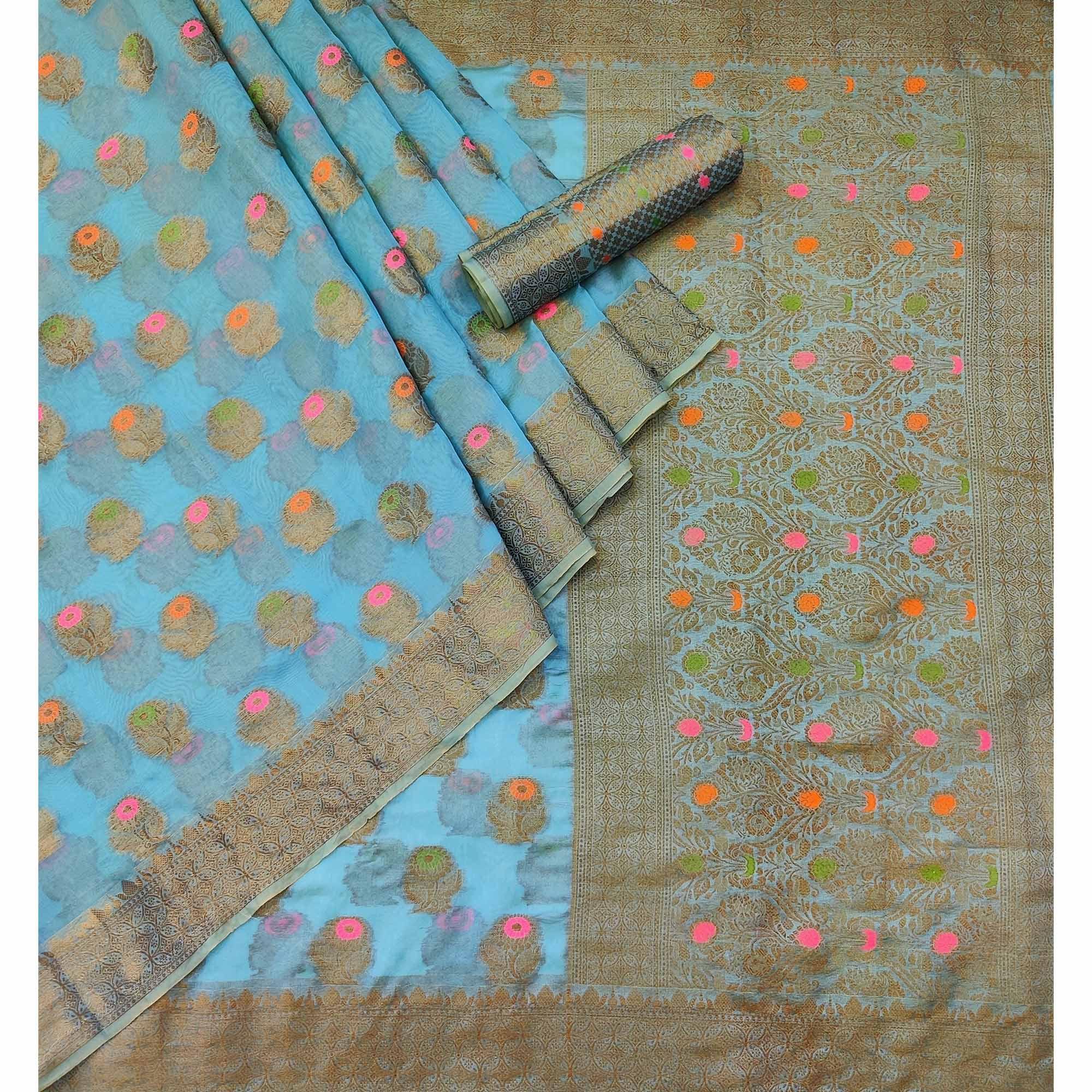 Blue Woven Organza Saree - Peachmode