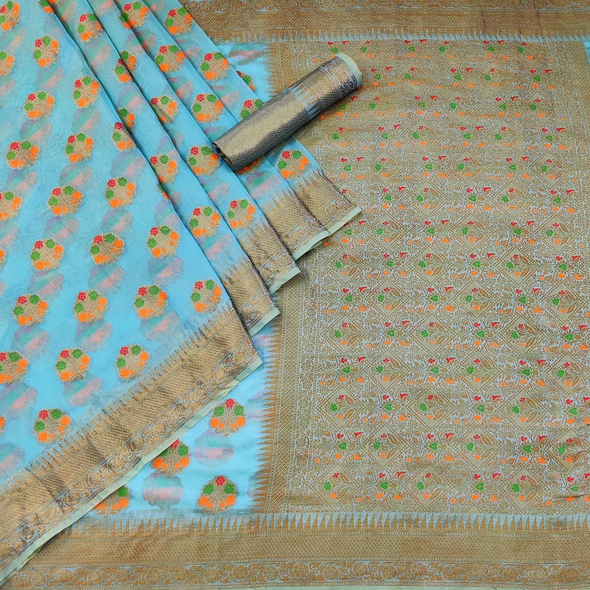 Blue Woven Organza Saree - Peachmode