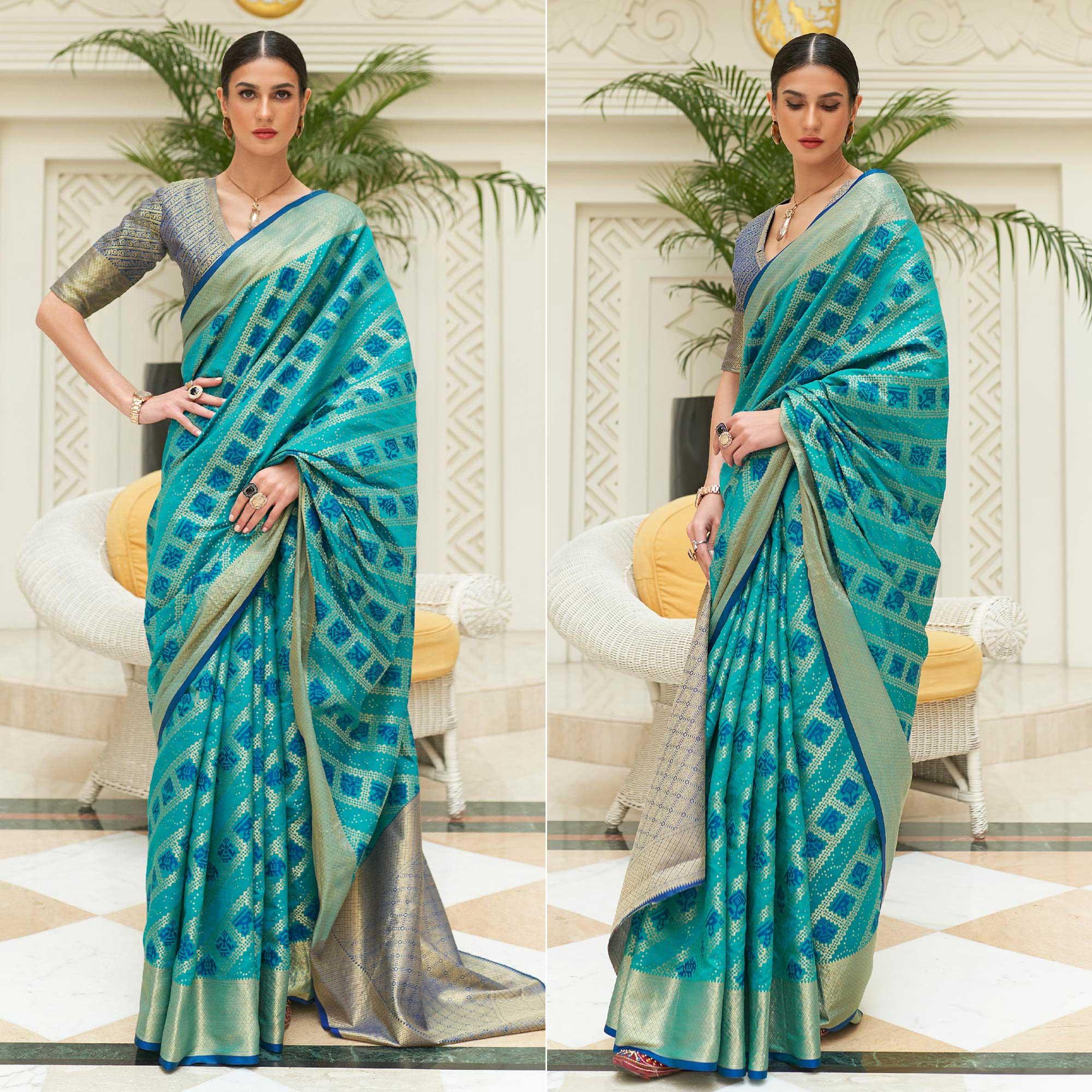 Blue Woven Patola Silk Saree - Peachmode