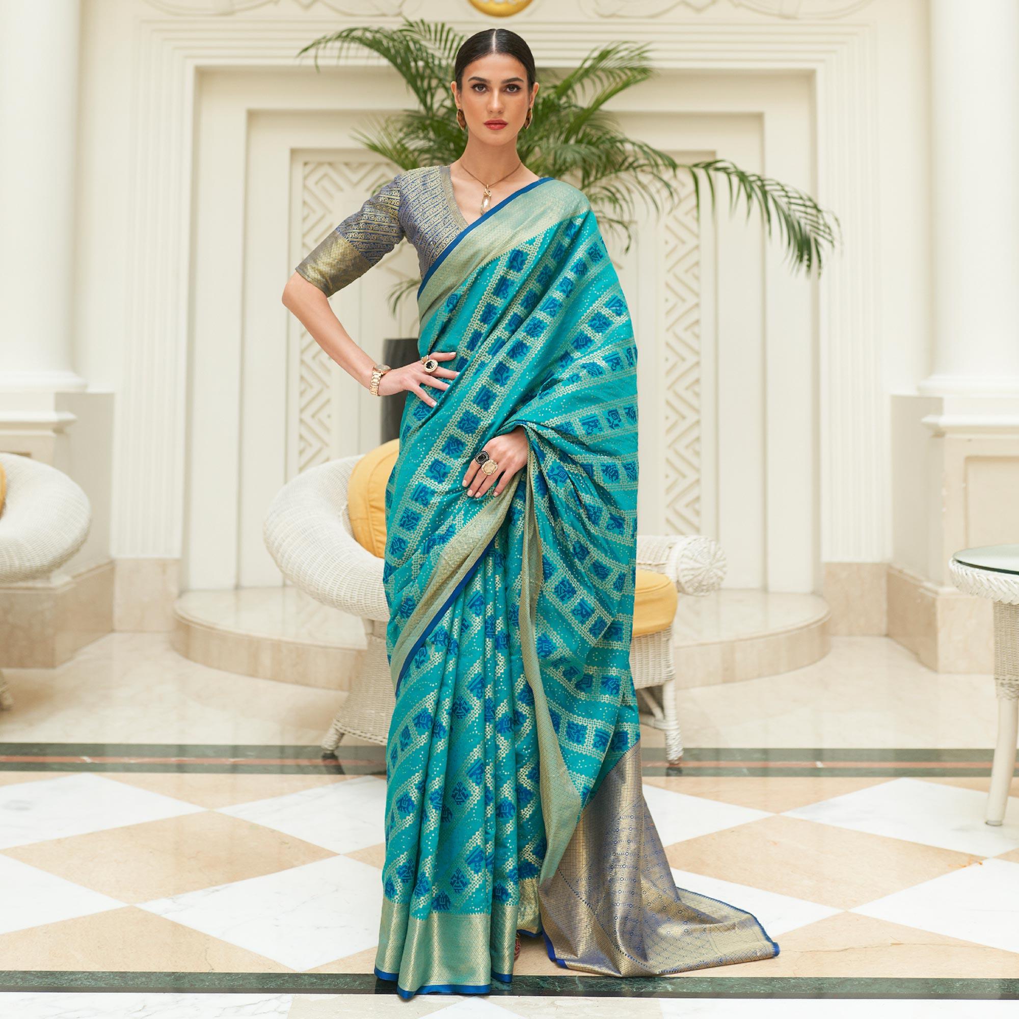 Blue Woven Patola Silk Saree - Peachmode