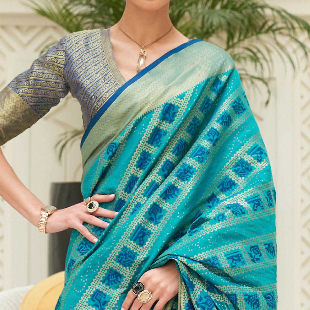Blue Woven Patola Silk Saree - Peachmode