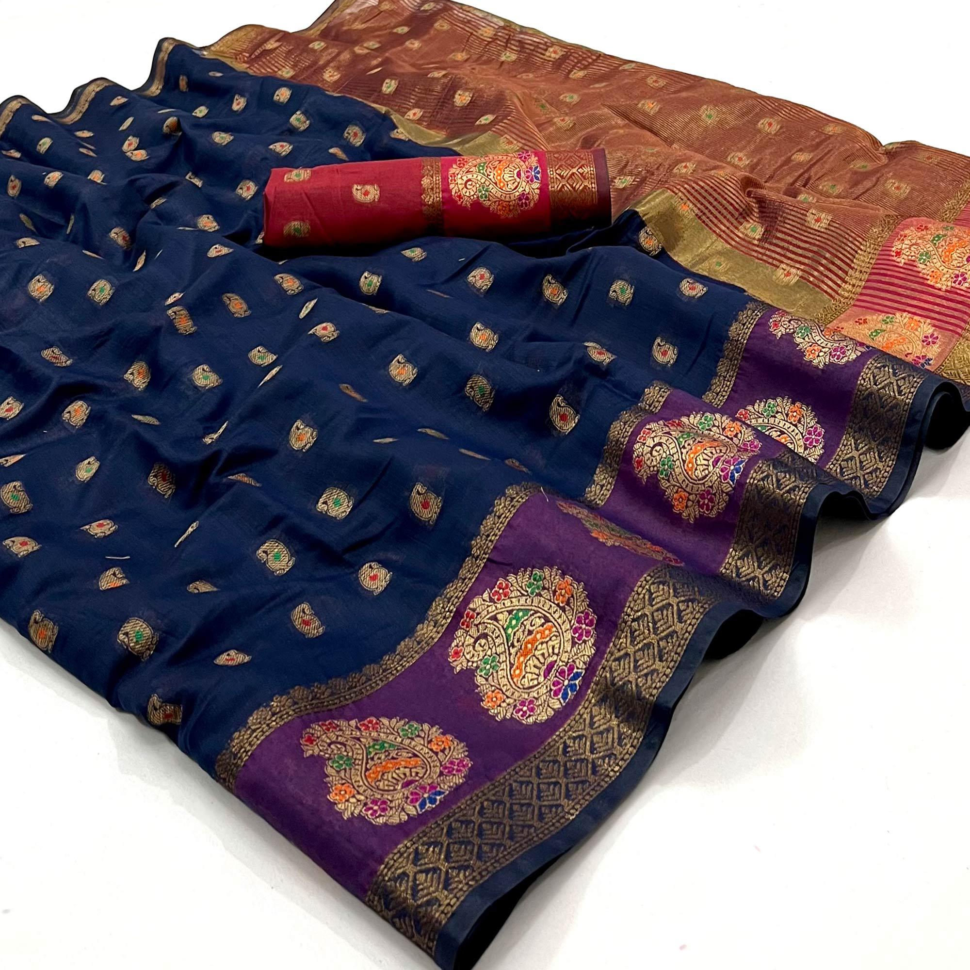 Blue Woven Poly Cotton Saree - Peachmode