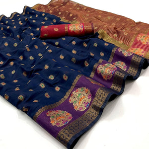 Blue Woven Poly Cotton Saree - Peachmode