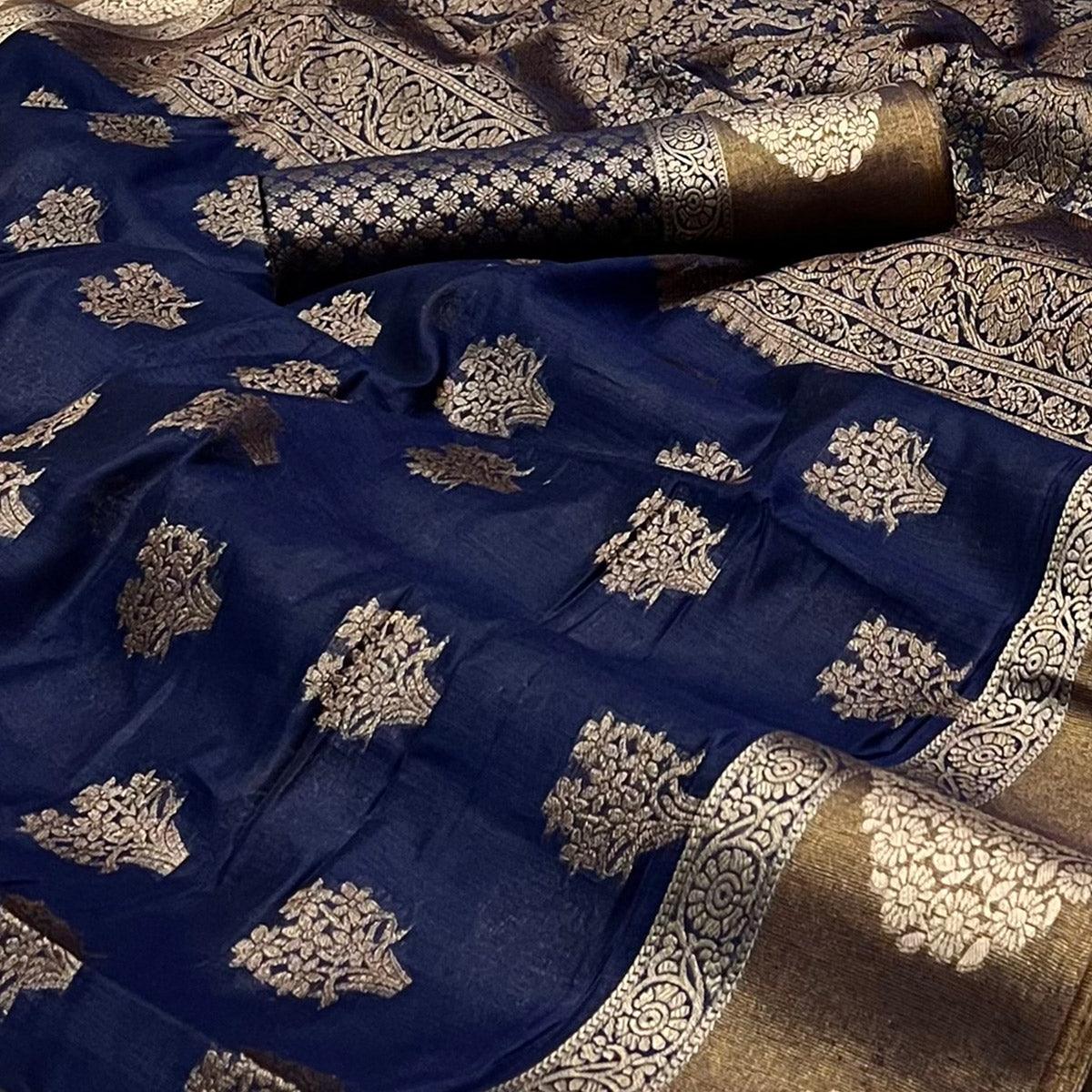 Blue Woven Poly Cotton Saree - Peachmode