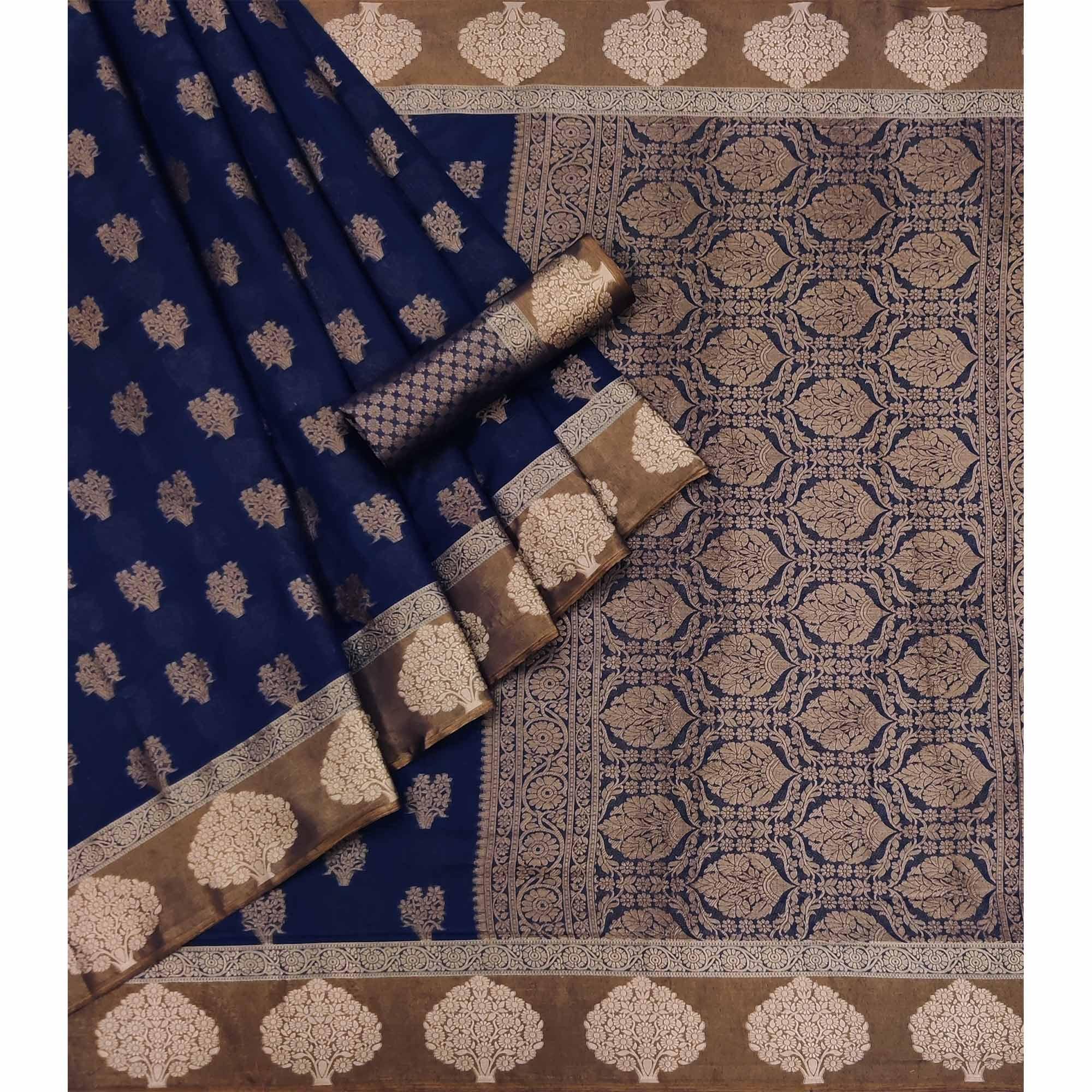Blue Woven Poly Cotton Saree - Peachmode