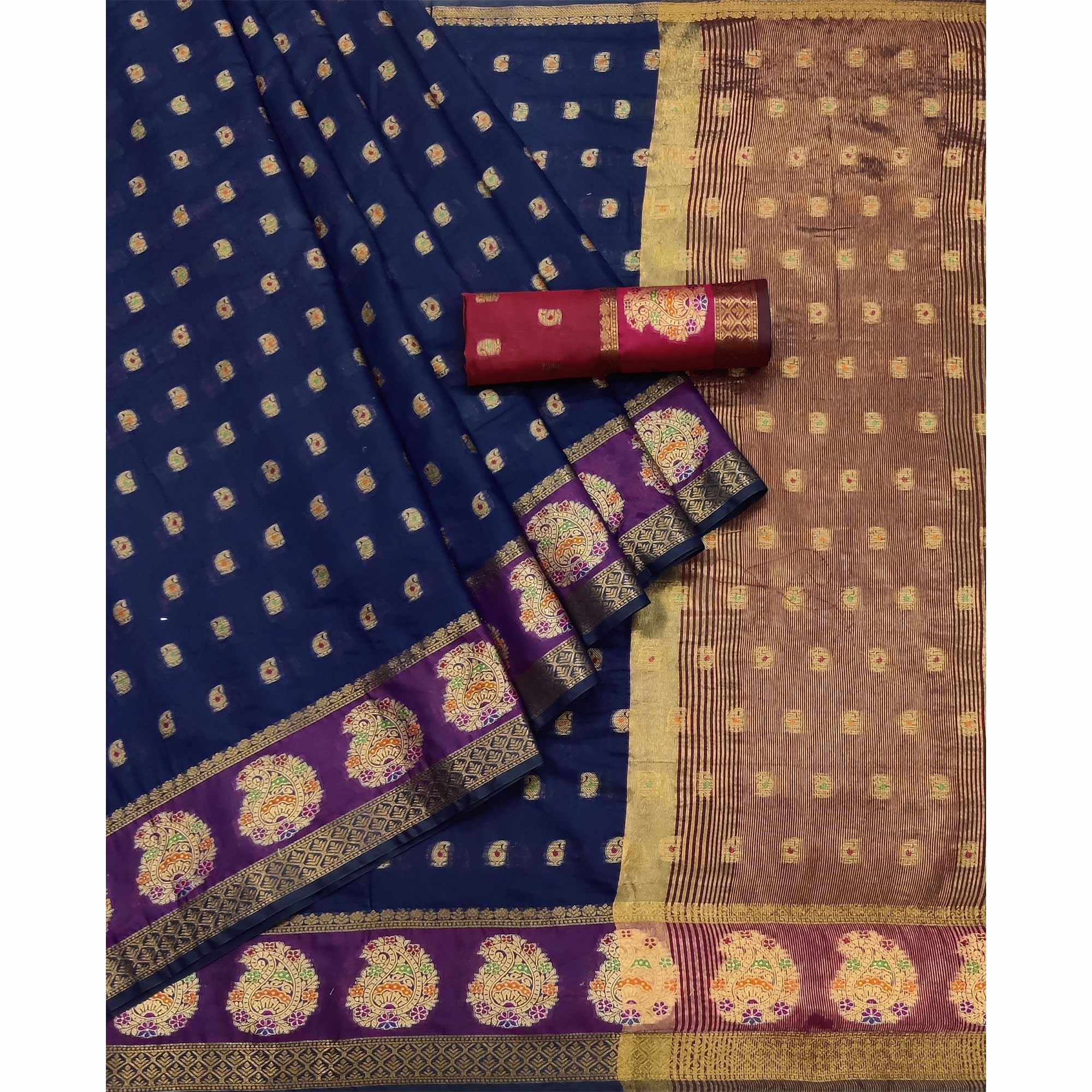 Blue Woven Poly Cotton Saree - Peachmode