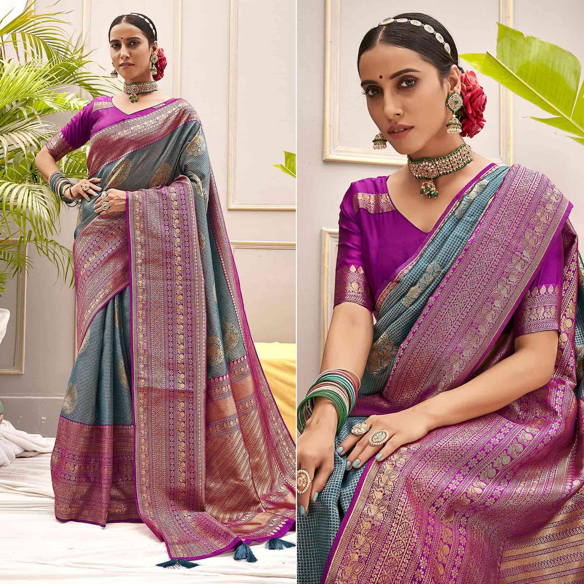 Blue Woven Pure Silk Saree With Tassels - Peachmode