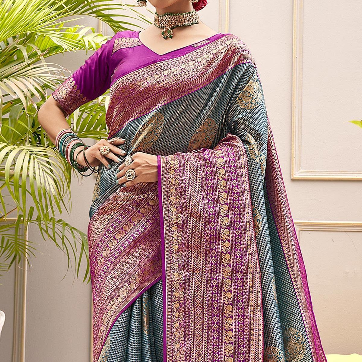 Blue Woven Pure Silk Saree With Tassels - Peachmode