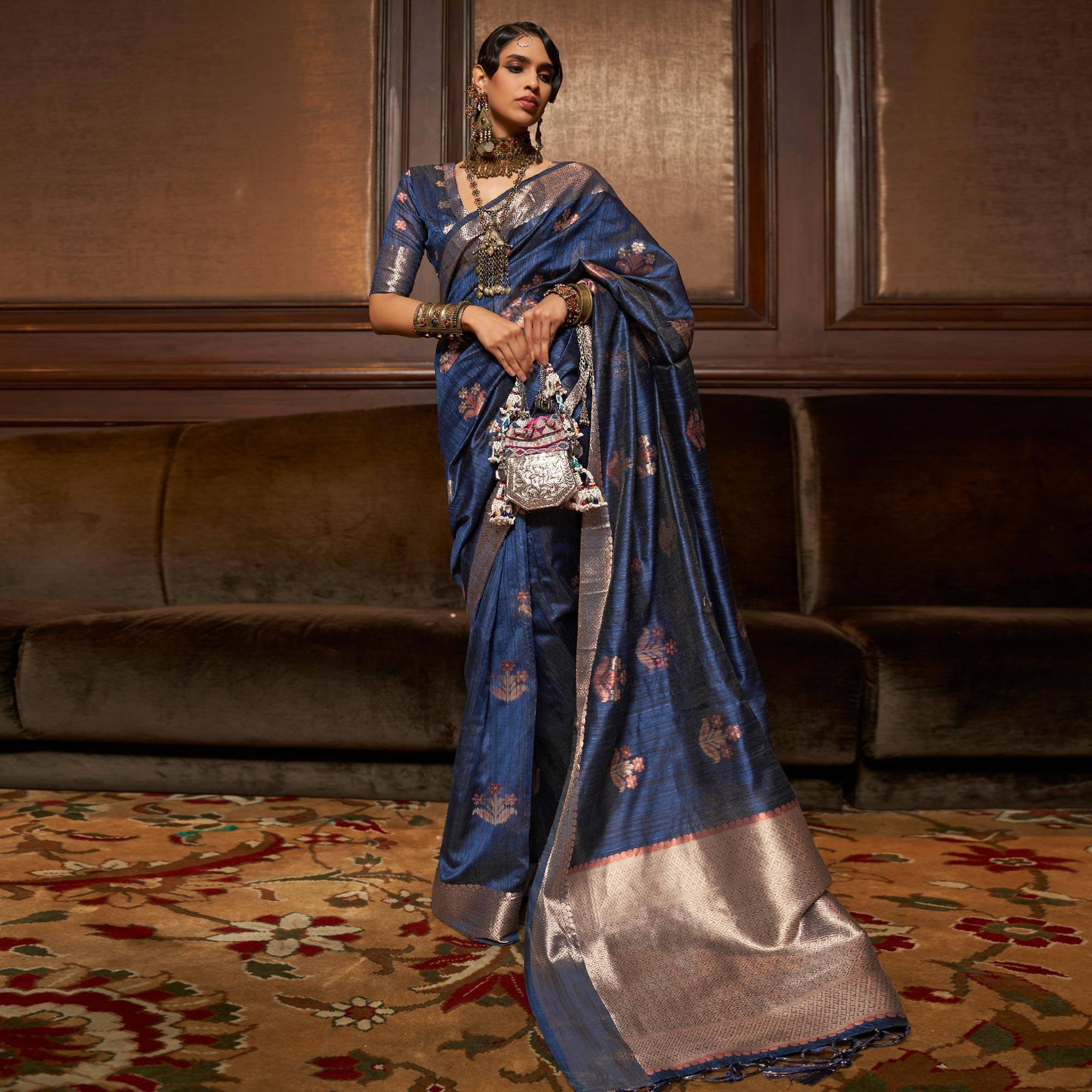 Blue Woven Pure Silk Saree With Tassels - Peachmode