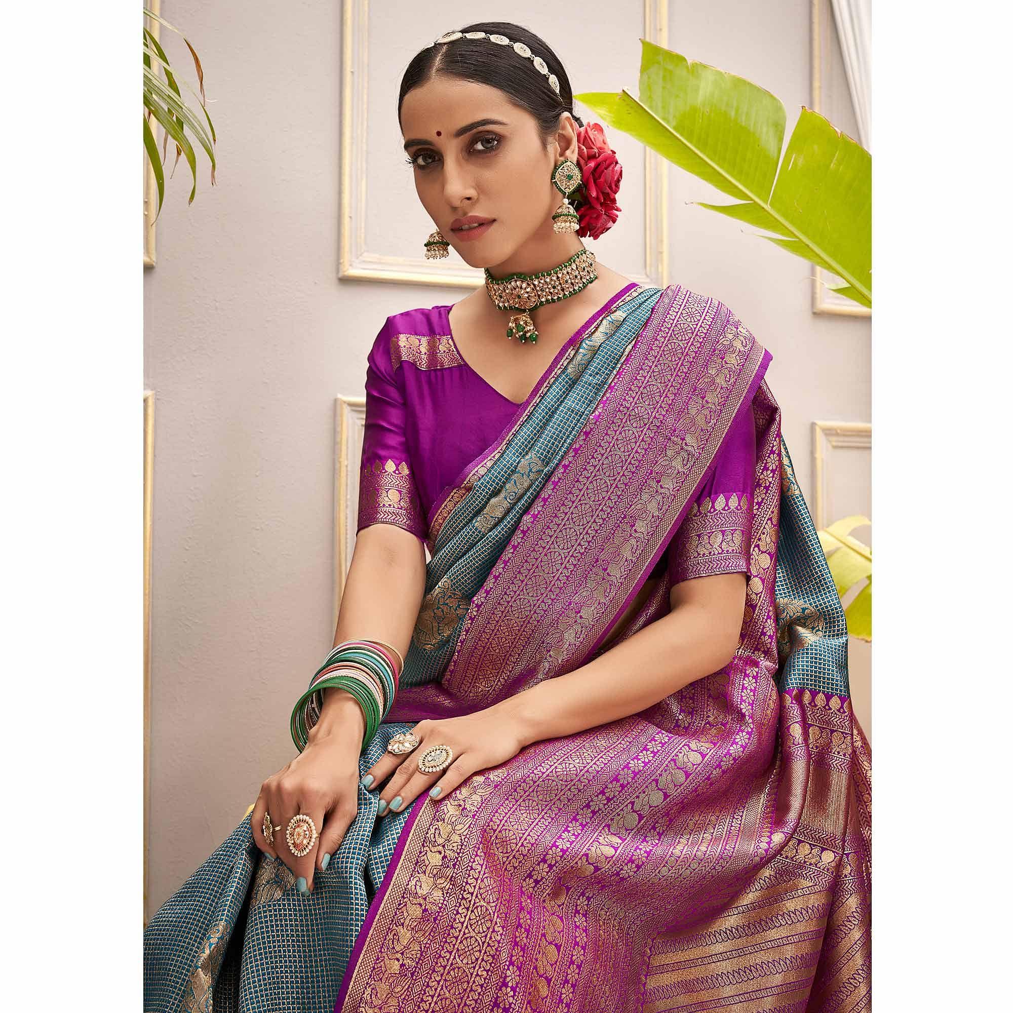 Blue Woven Pure Silk Saree With Tassels - Peachmode