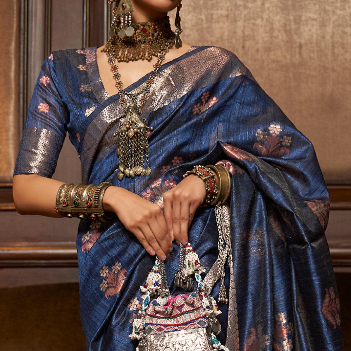 Blue Woven Pure Silk Saree With Tassels - Peachmode