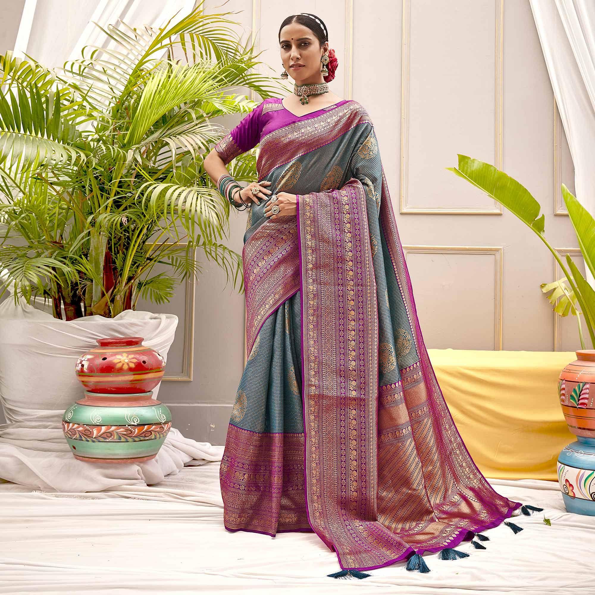 Blue Woven Pure Silk Saree With Tassels - Peachmode