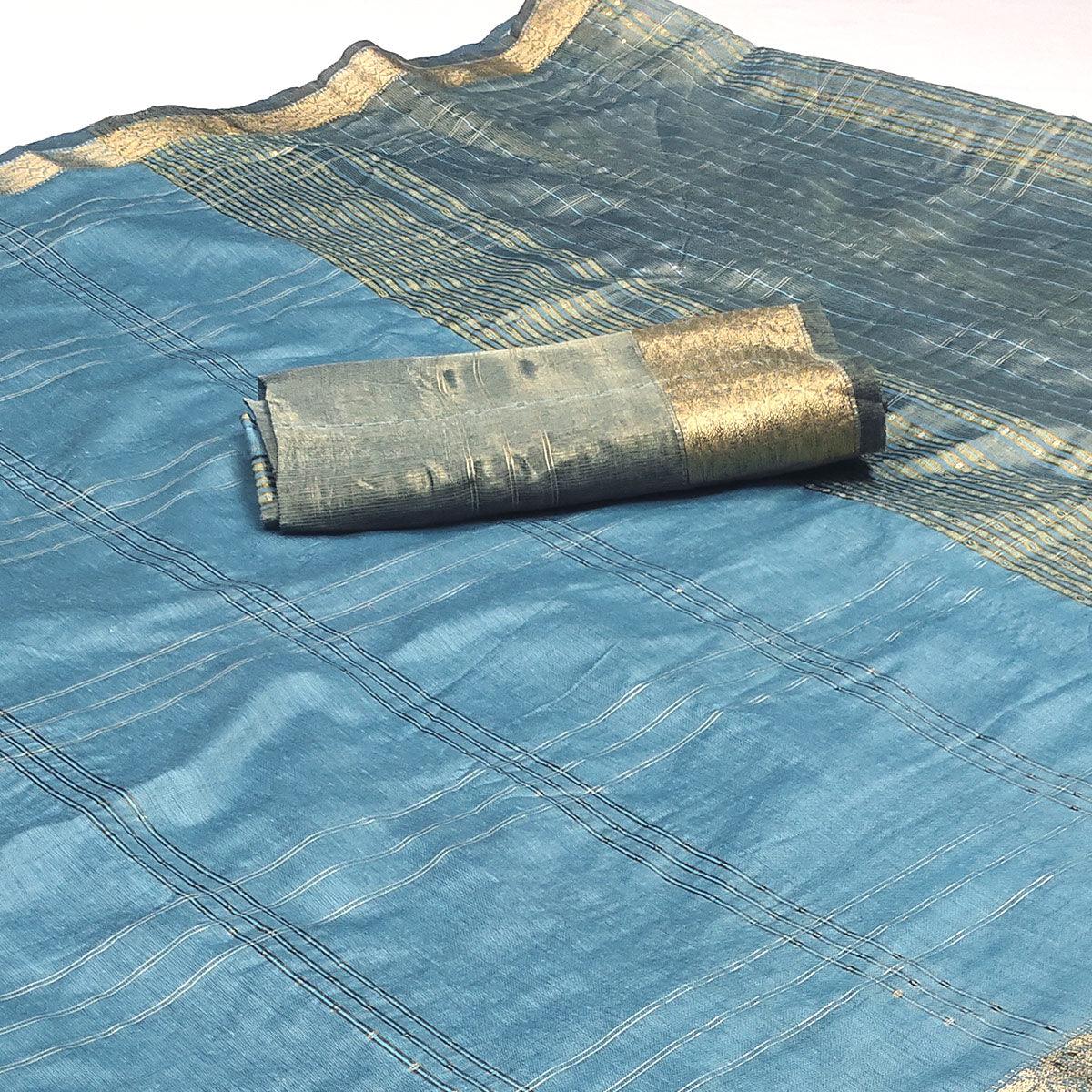 Blue Woven-Sequins Work Chanderi Saree - Peachmode