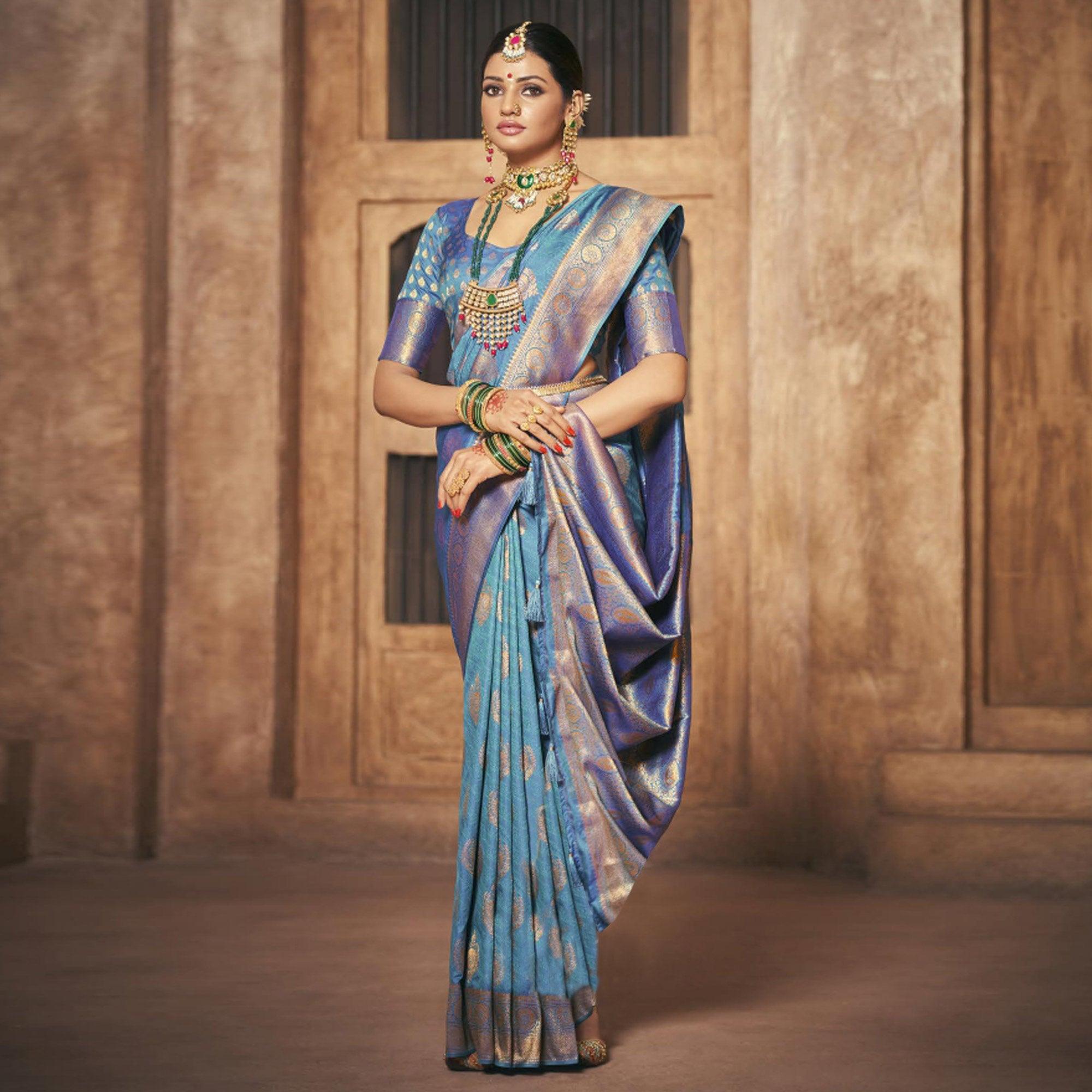 Blue Woven Silk Saree With Tassels - Peachmode