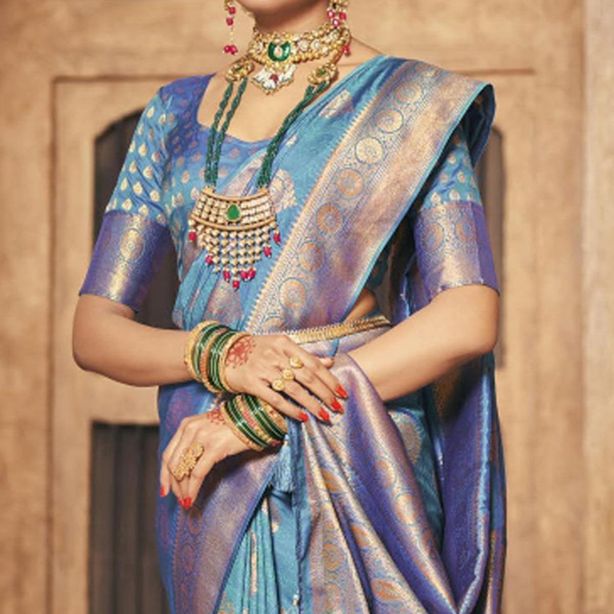 Blue Woven Silk Saree With Tassels - Peachmode
