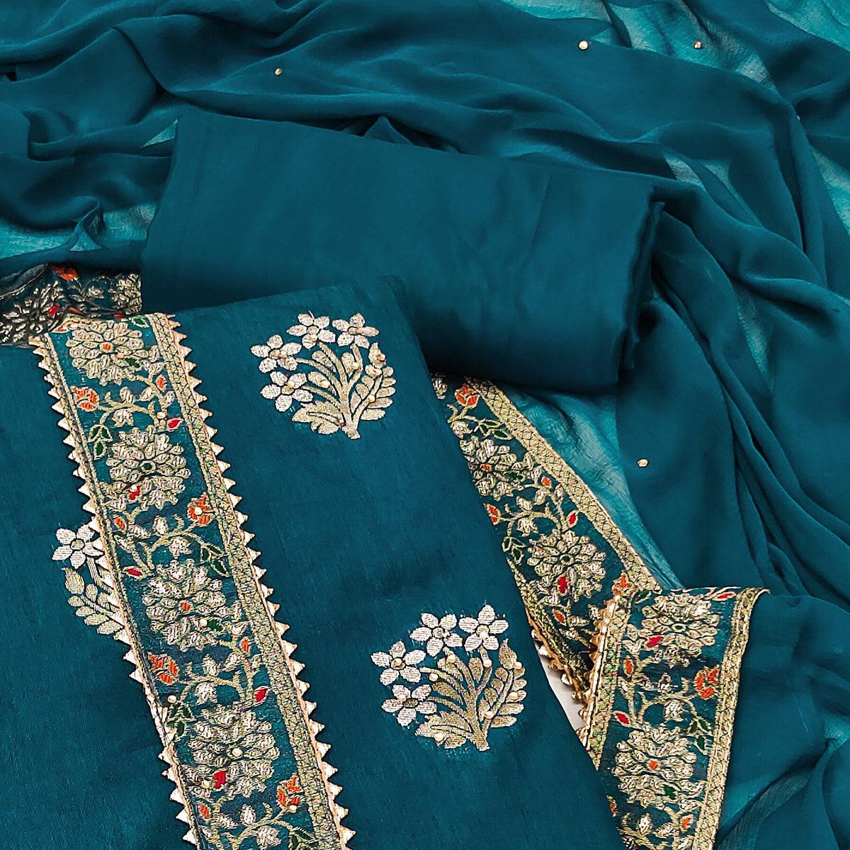 Blue Woven With Embellished Jacquard Dress Material - Peachmode
