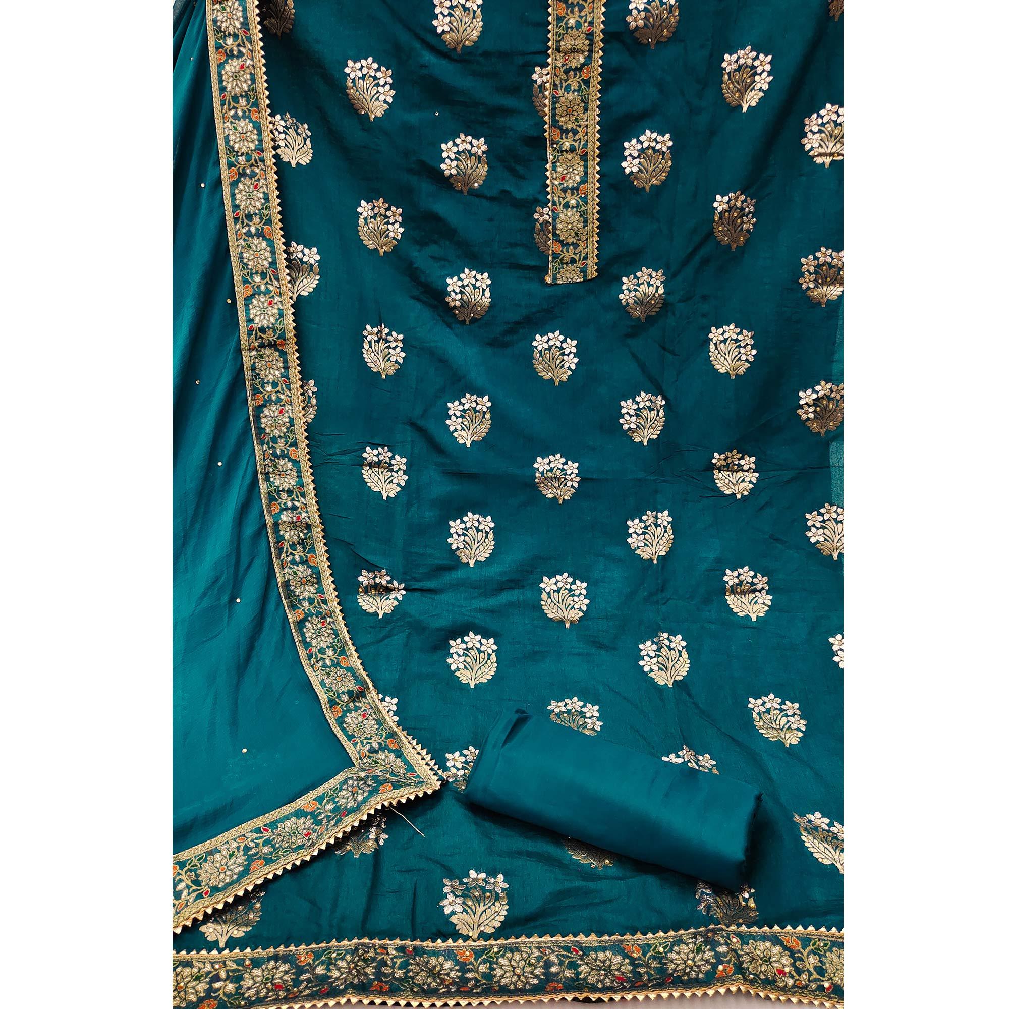 Blue Woven With Embellished Jacquard Dress Material - Peachmode