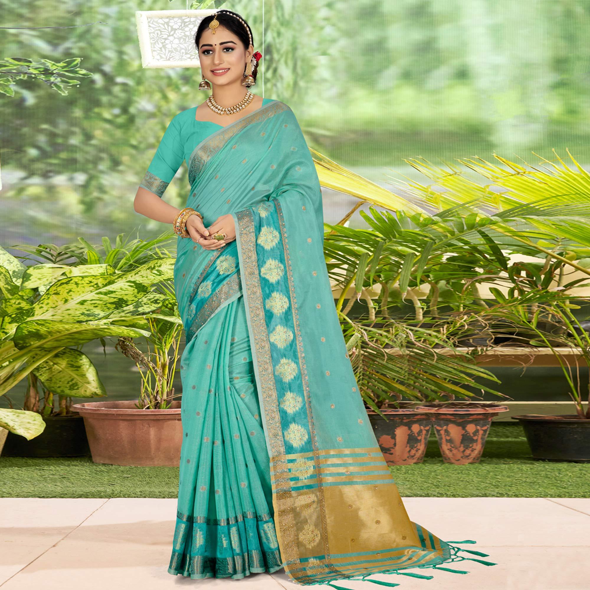 Blue Woven With Embellished Organza Saree With Tassels - Peachmode