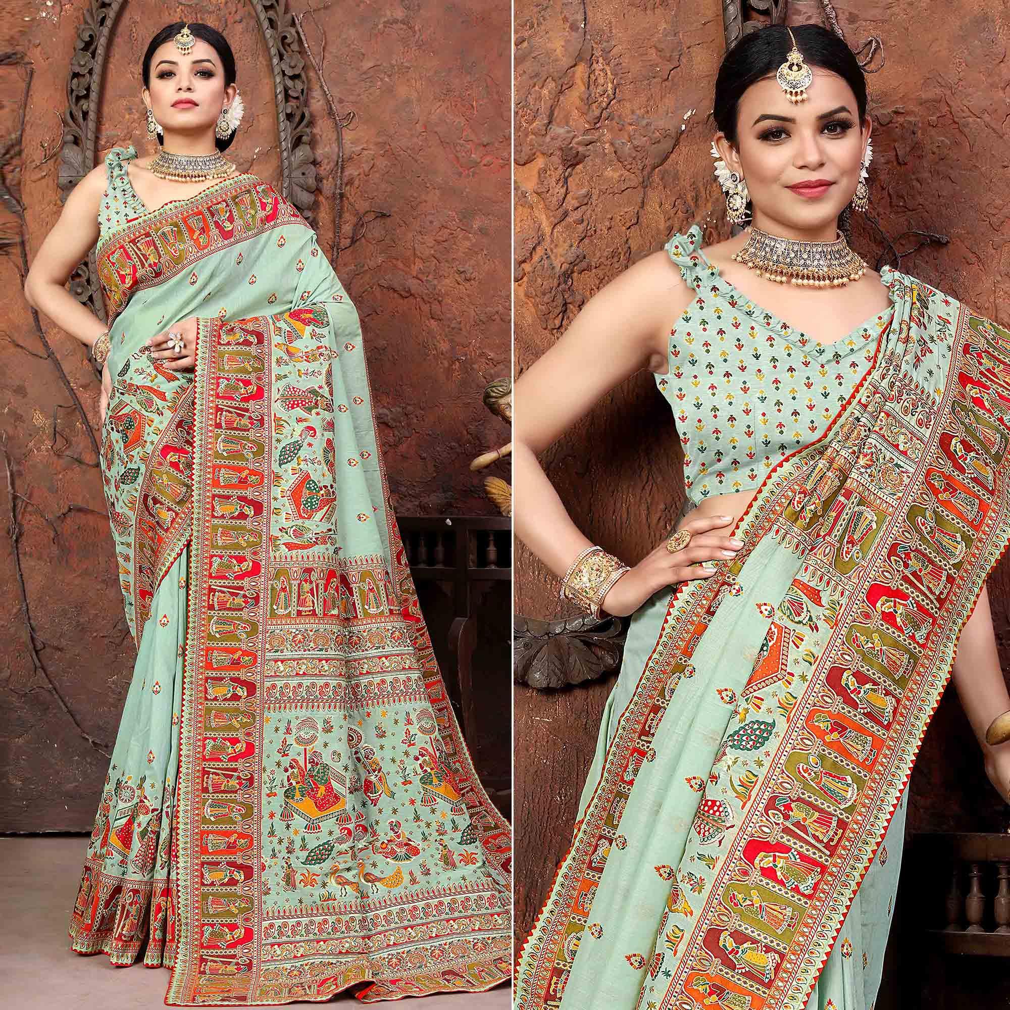 Blue Woven With Gota Patti Border Chanderi Saree - Peachmode