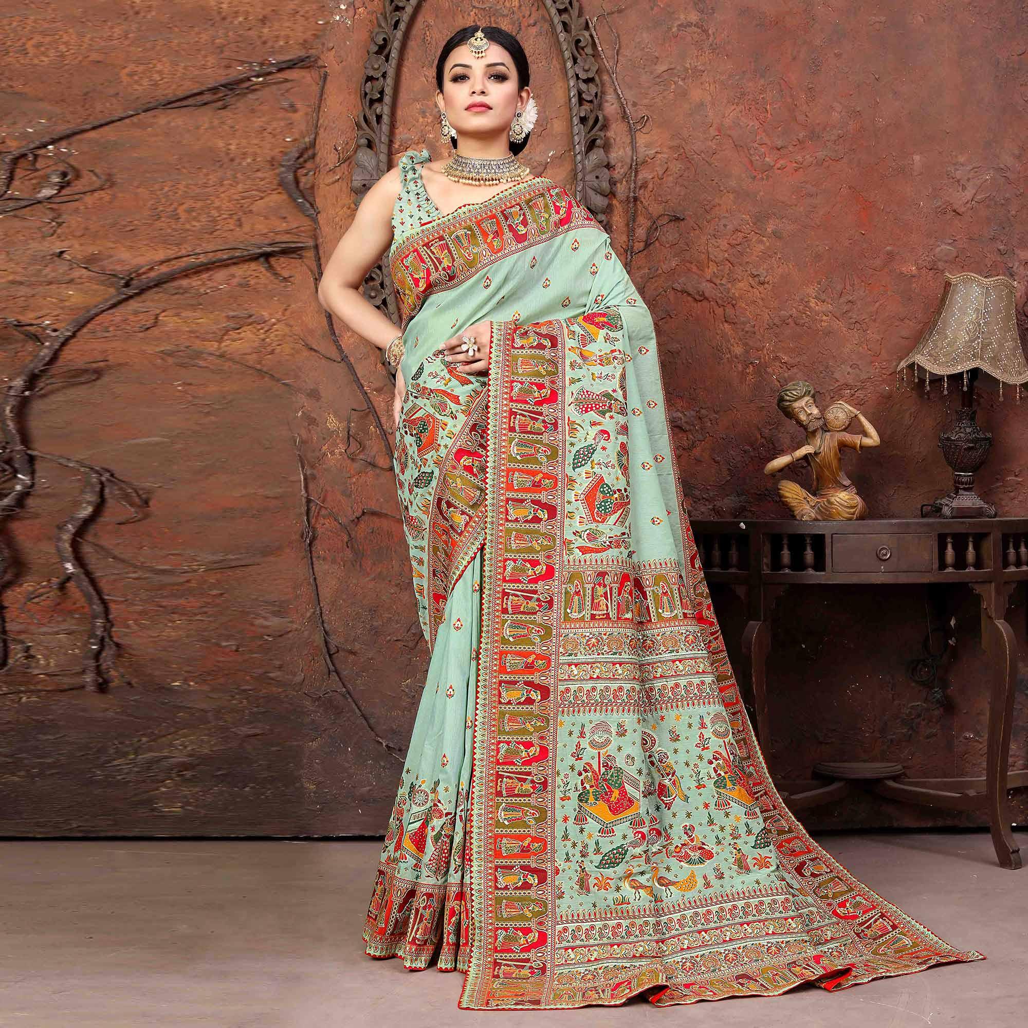Blue Woven With Gota Patti Border Chanderi Saree - Peachmode