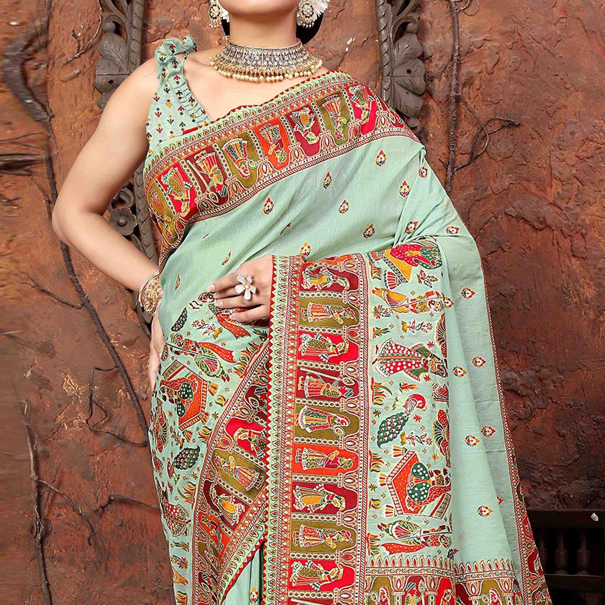 Blue Woven With Gota Patti Border Chanderi Saree - Peachmode