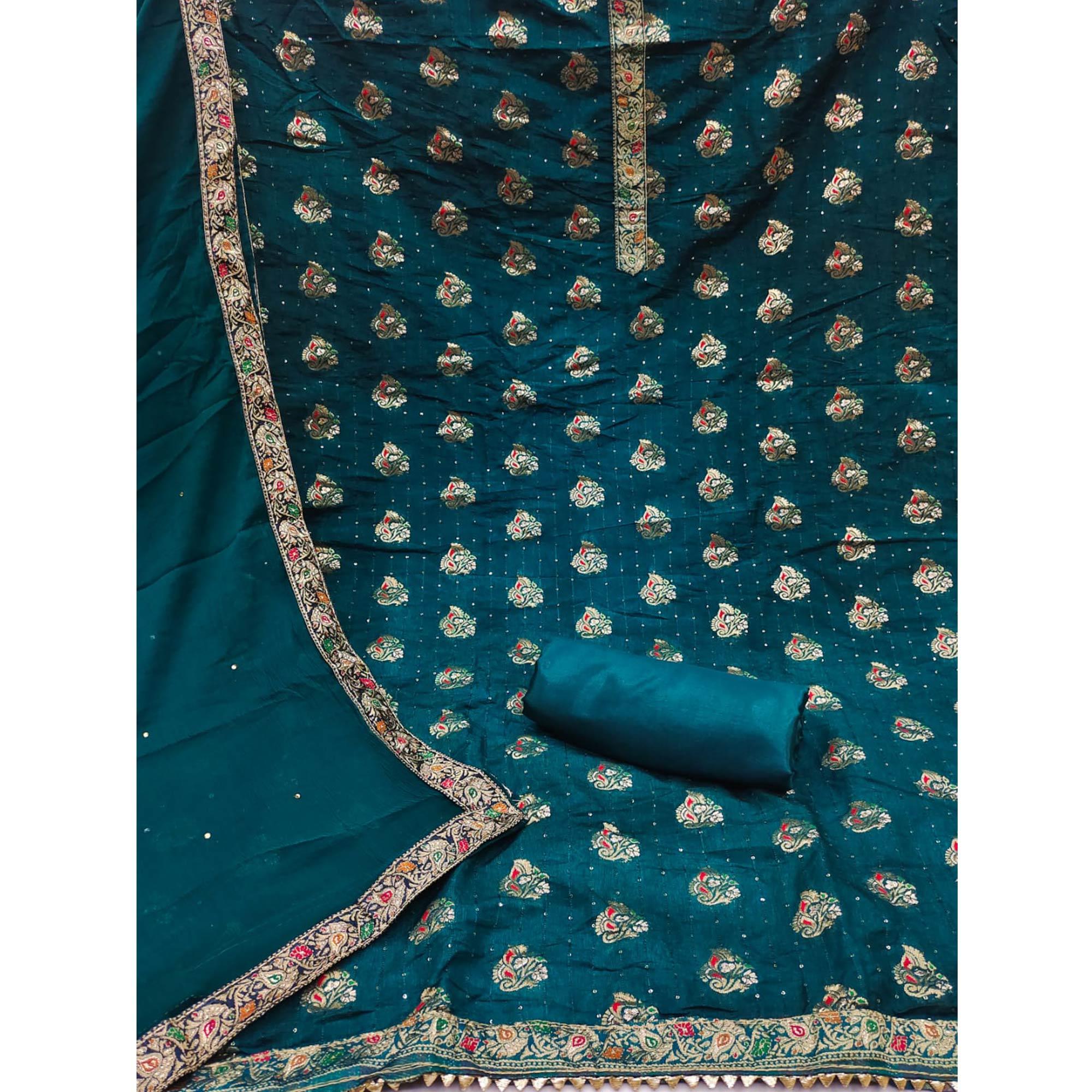 Blue Woven With Sequence Art Silk Dress Material - Peachmode