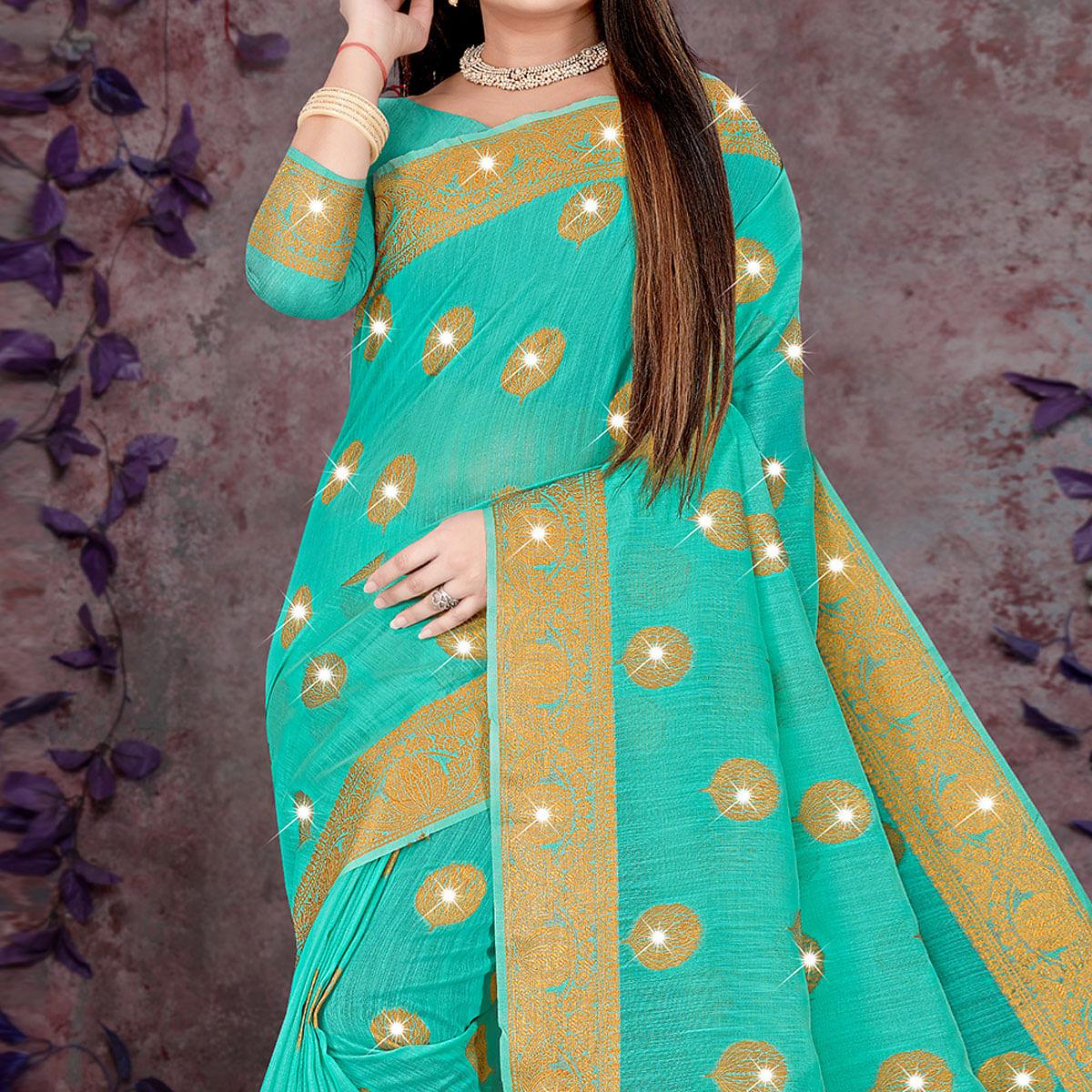 Blue Woven With Swarovski Cotton Silk Saree - Peachmode