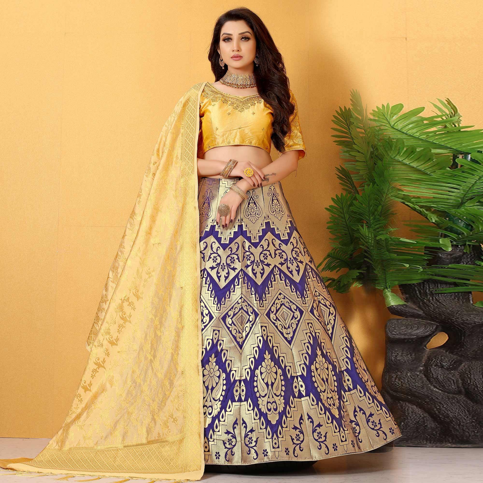 Blue-Yellow Meenakari Woven Banarasi Silk Lehenga Choli - Peachmode
