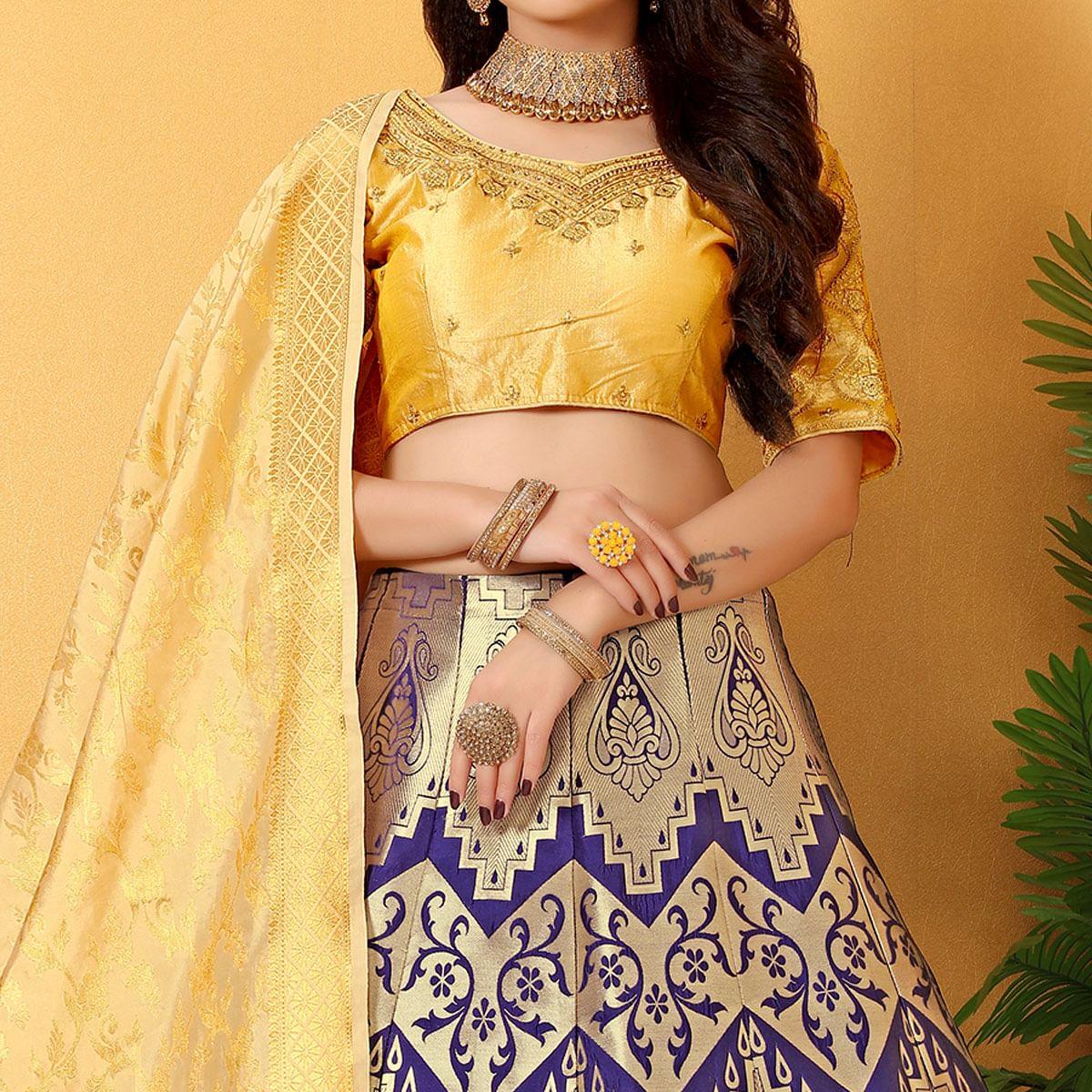 Blue-Yellow Meenakari Woven Banarasi Silk Lehenga Choli - Peachmode