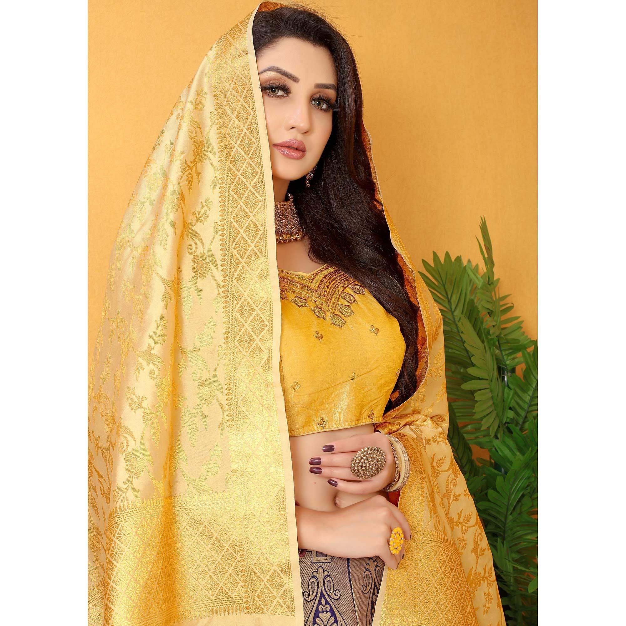Blue-Yellow Meenakari Woven Banarasi Silk Lehenga Choli - Peachmode