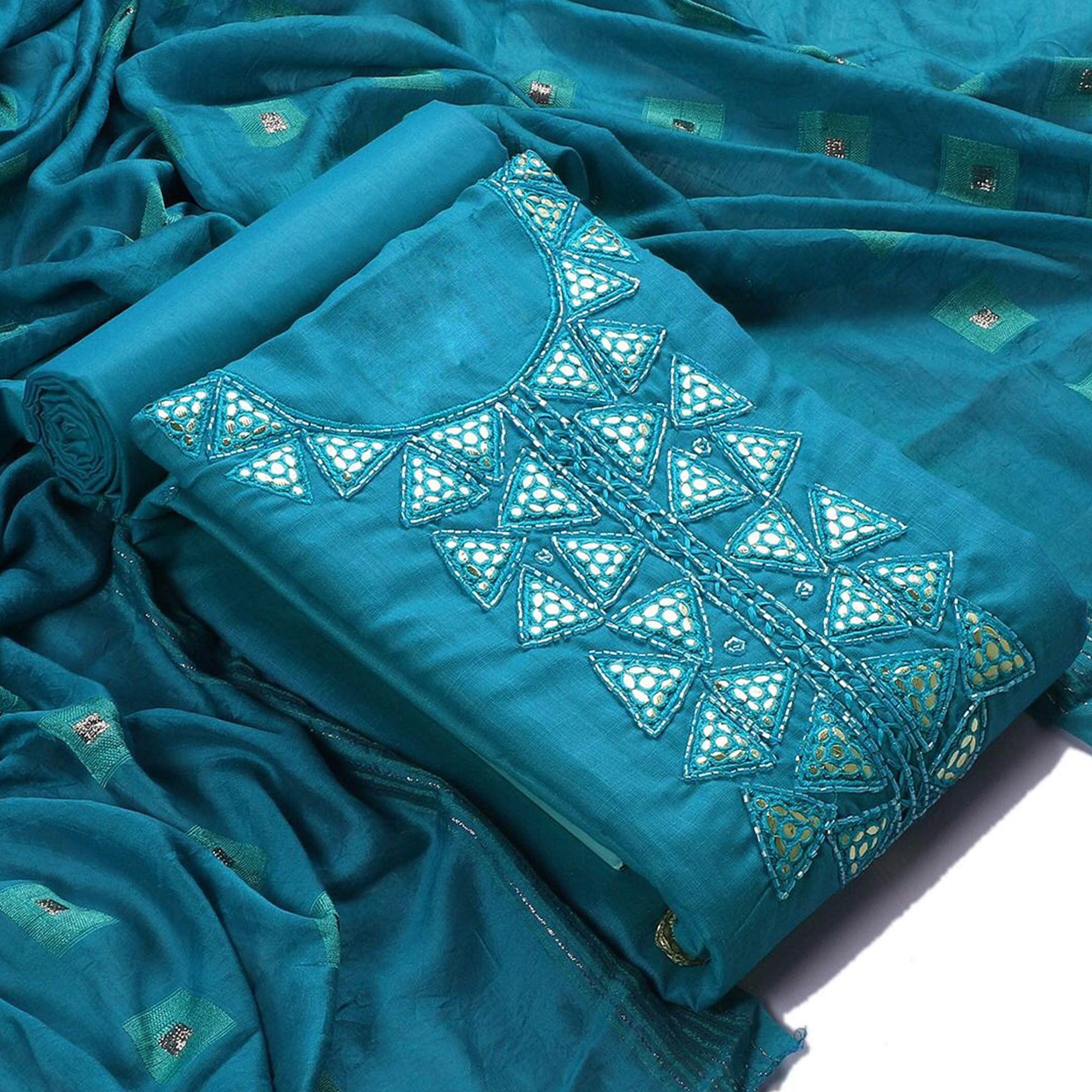 Blue Zardosi Embroidered Cotton Dress Material - Peachmode