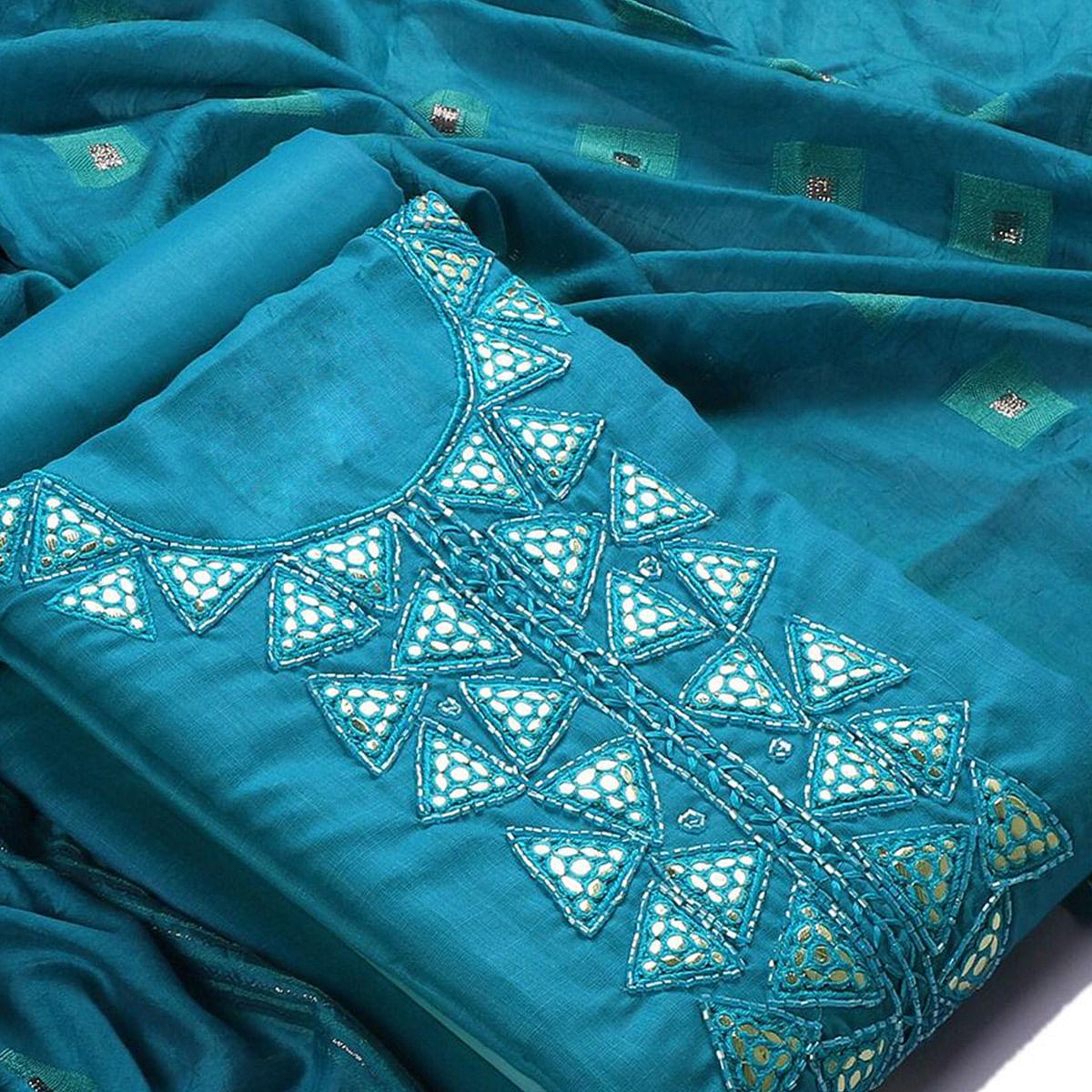Blue Zardosi Embroidered Cotton Dress Material - Peachmode