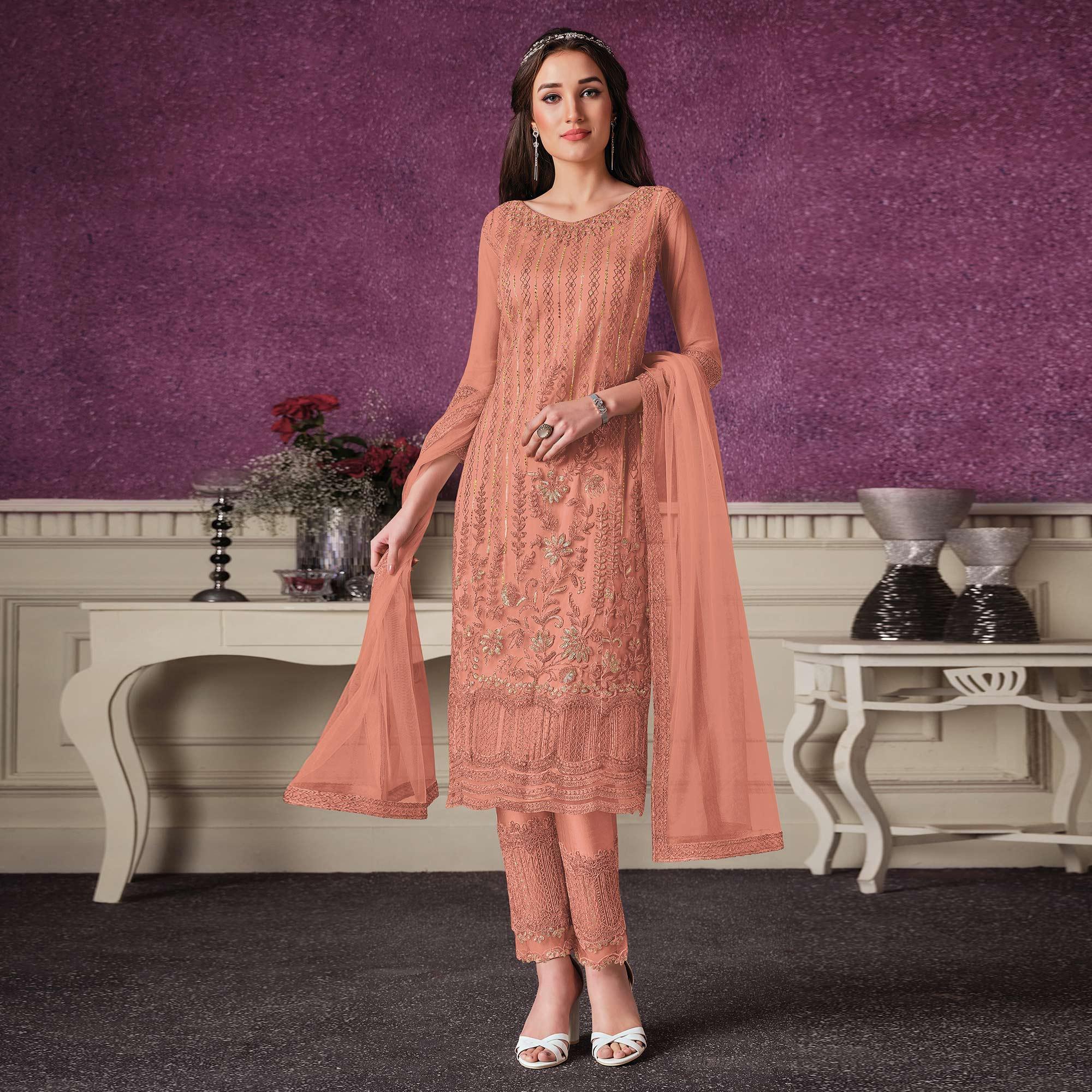 Blus Orange Floral Embroidery Designer Heavy Butterfly Net Partywear Suit - Peachmode