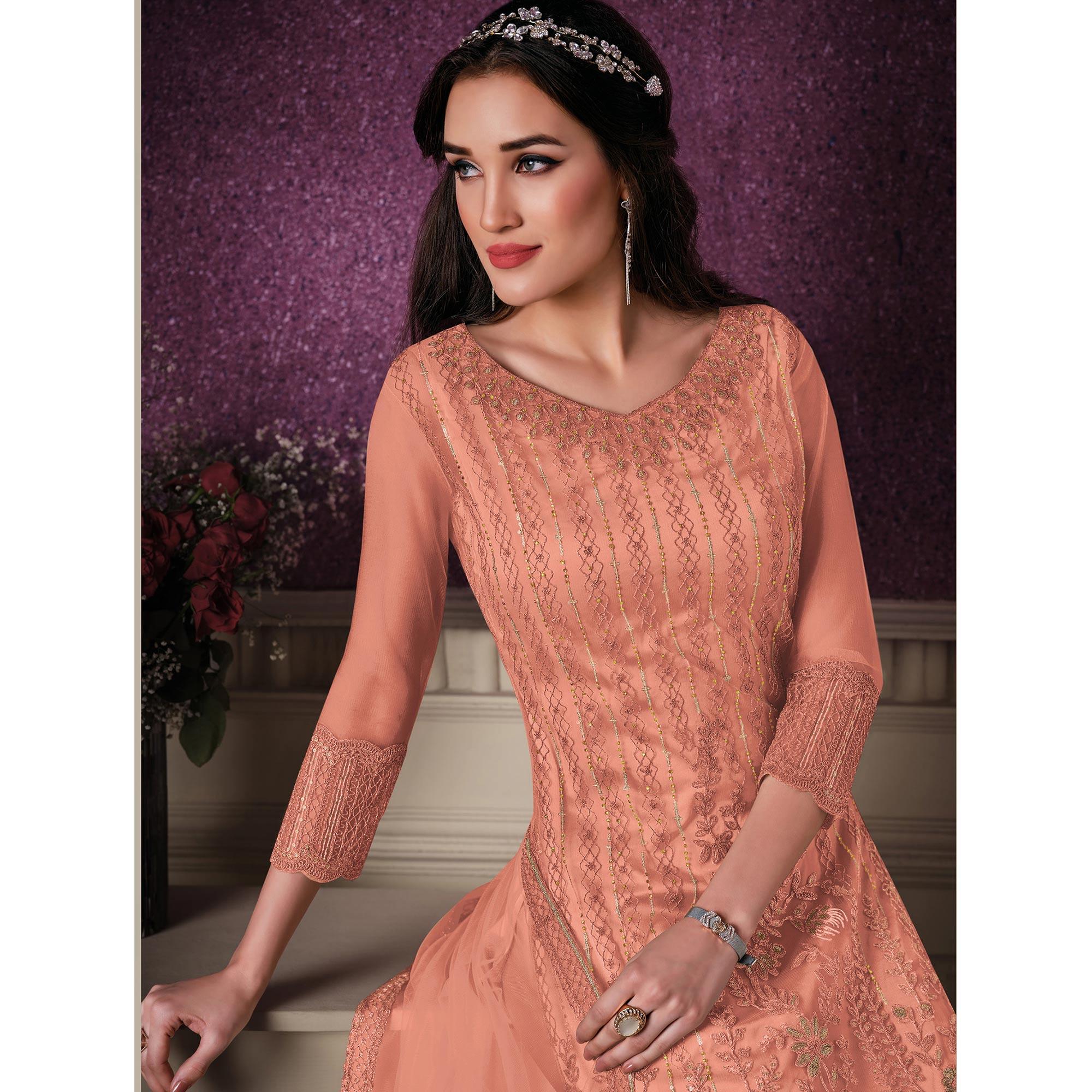 Blus Orange Floral Embroidery Designer Heavy Butterfly Net Partywear Suit - Peachmode