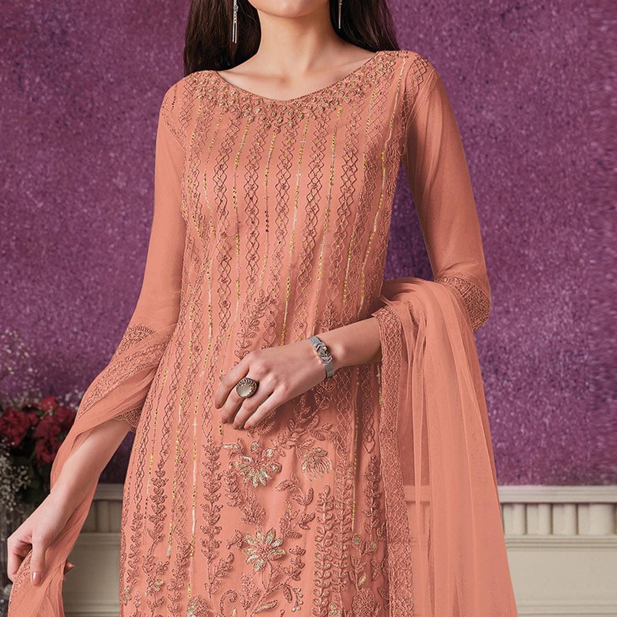 Blus Orange Floral Embroidery Designer Heavy Butterfly Net Partywear Suit - Peachmode