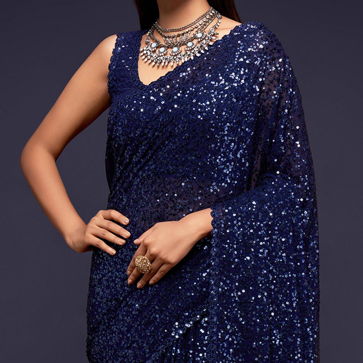 Blush Blue Partywear Thread & Sequins Embroidered Georgette Saree - Peachmode