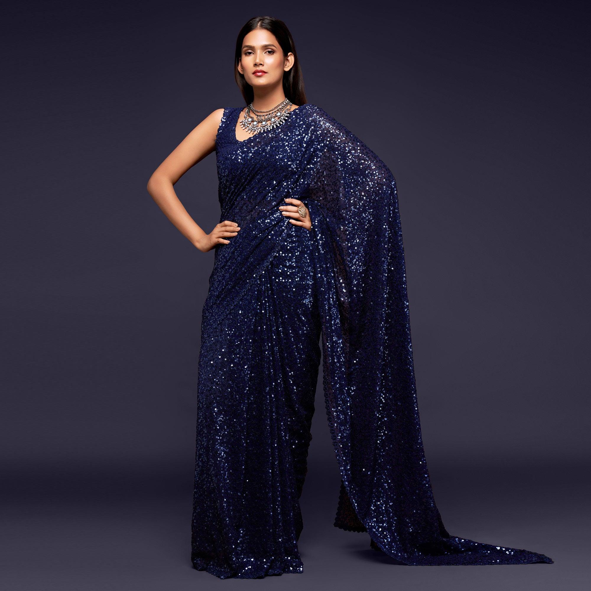 Blush Blue Partywear Thread & Sequins Embroidered Georgette Saree - Peachmode