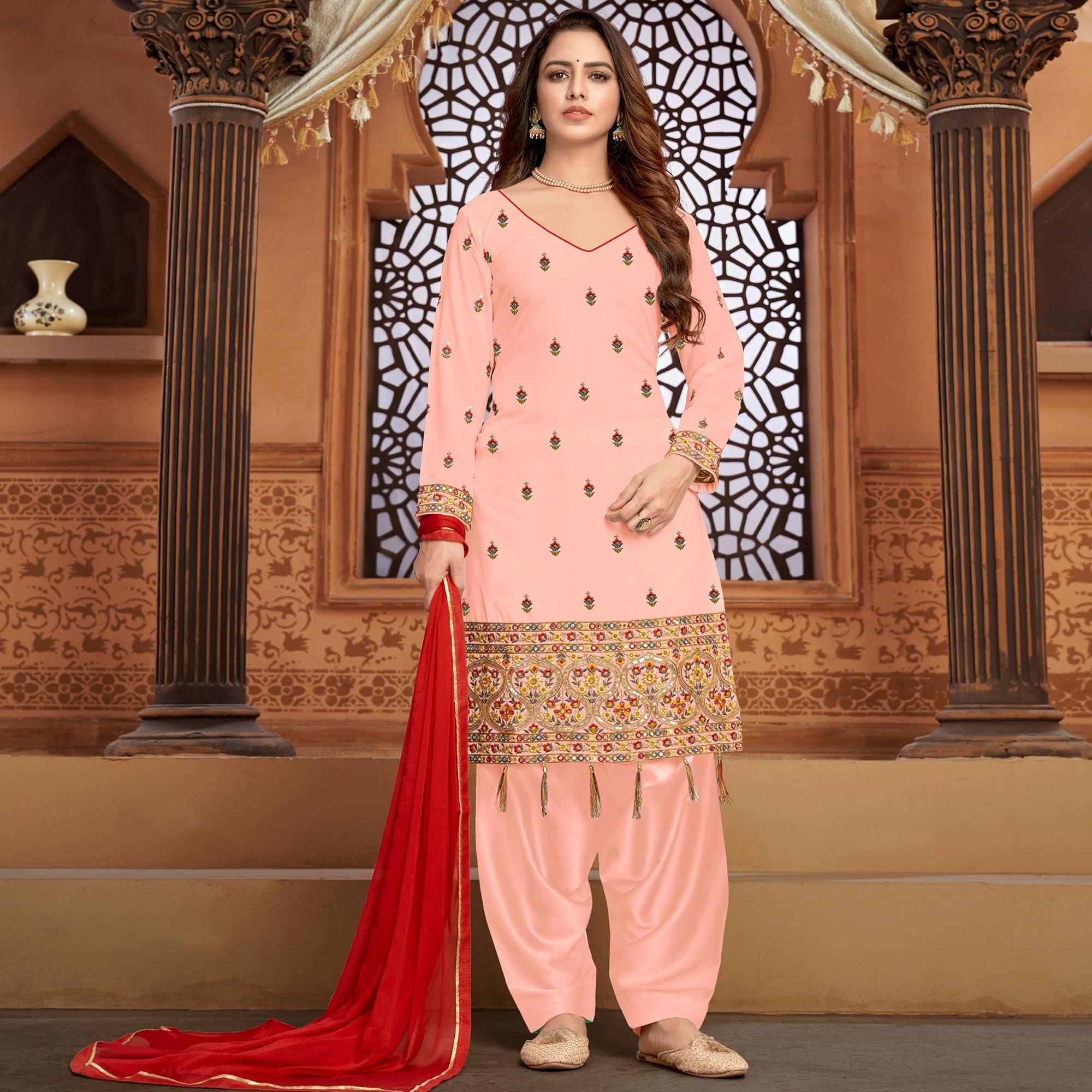 Blush Pink Partywear Designer Floral Embroidered Faux Georgette Patiyala Suit - Peachmode