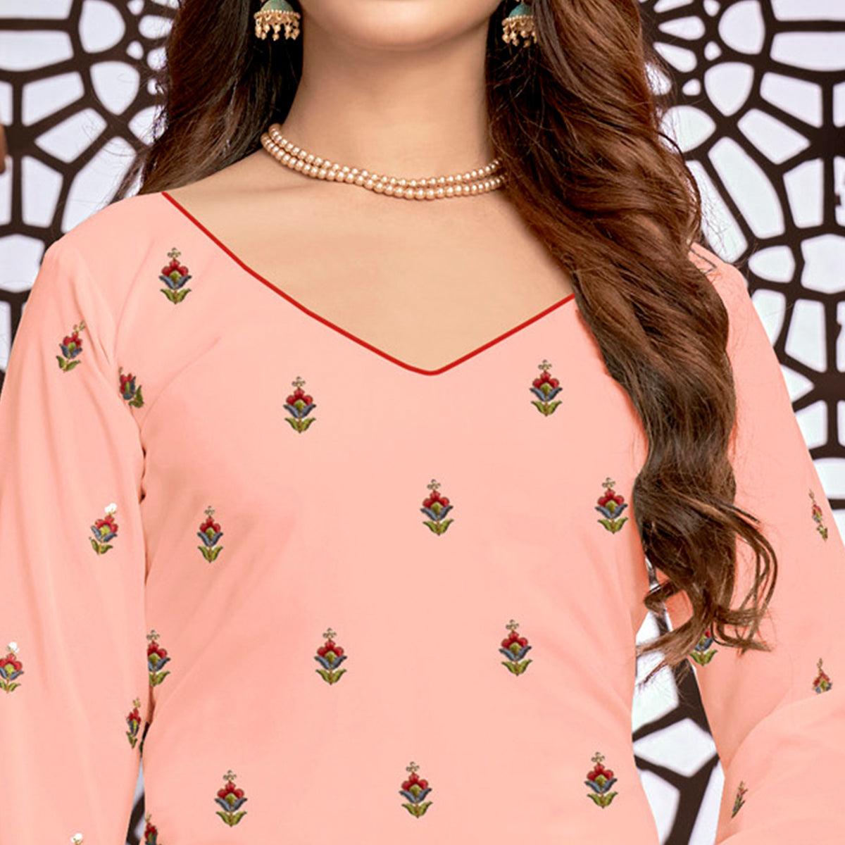 Blush Pink Partywear Designer Floral Embroidered Faux Georgette Patiyala Suit - Peachmode