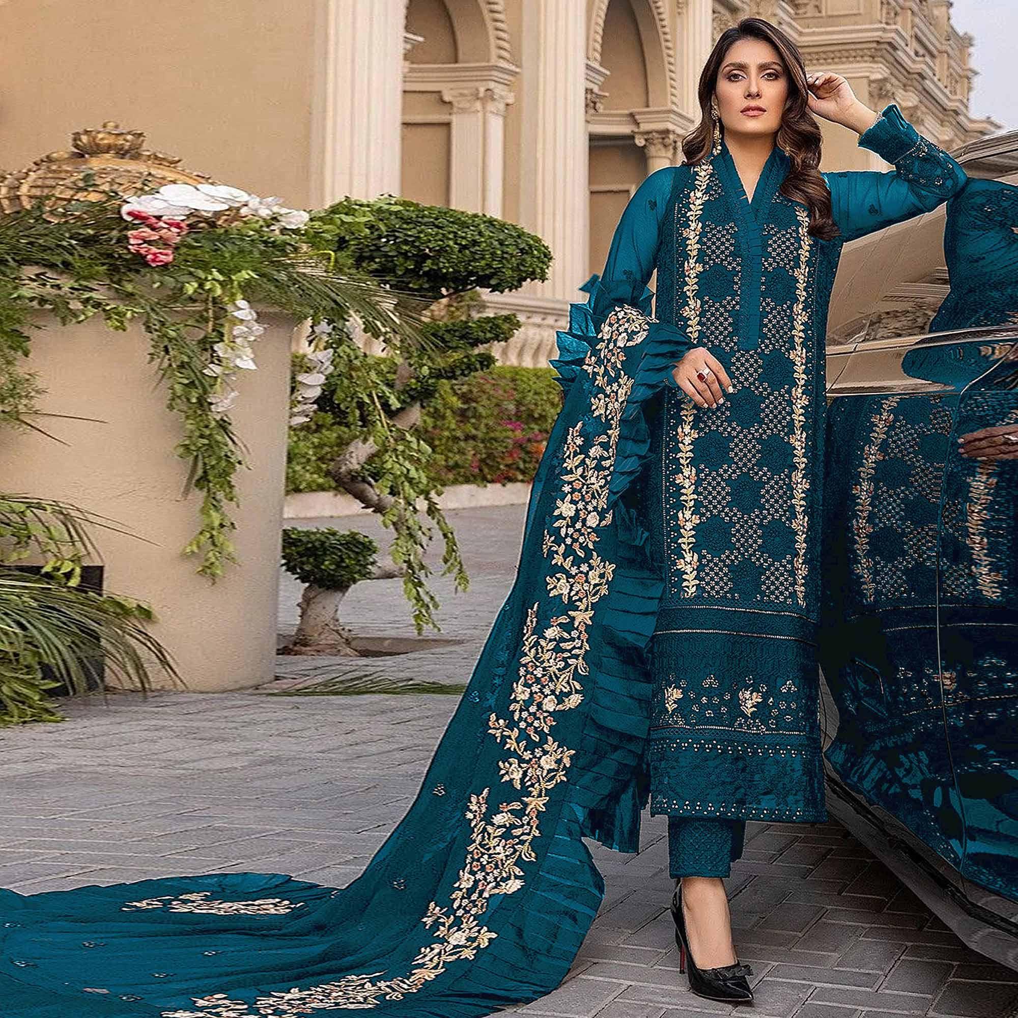 Bottle Blue Sequence With Floral Embroidered Georgette Pakistani Suit - Peachmode