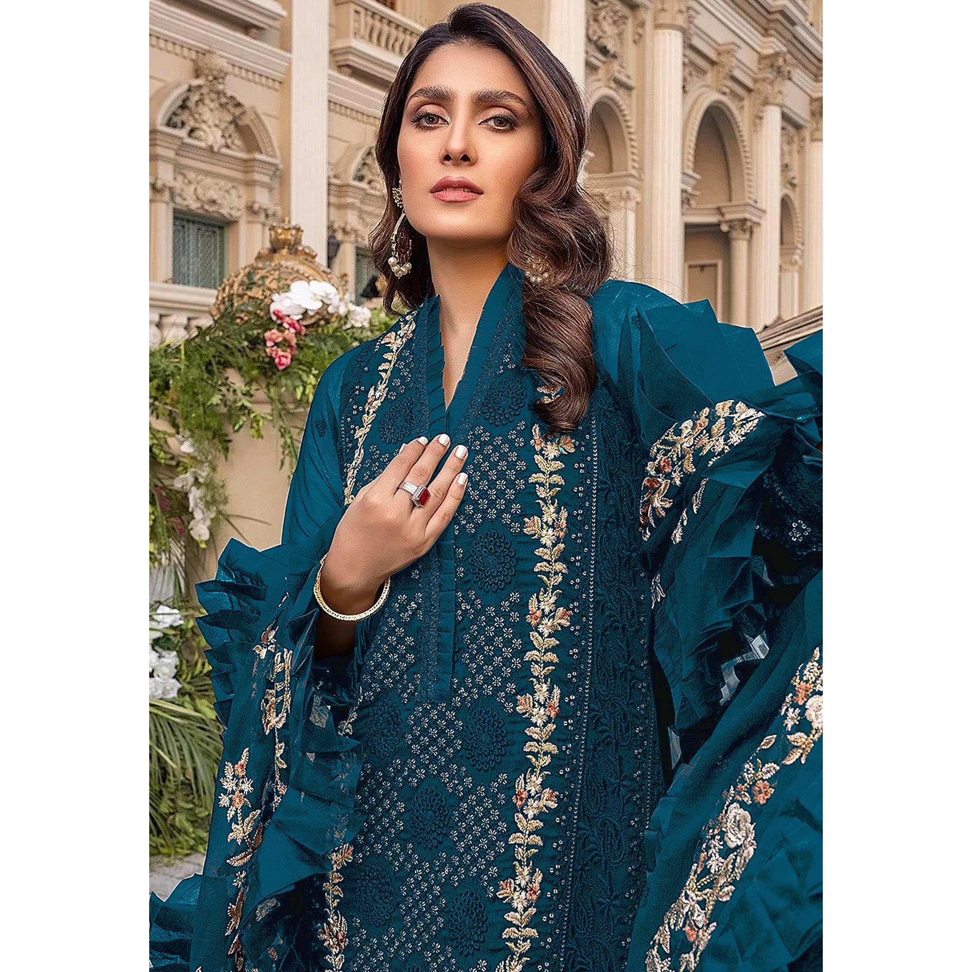 Bottle Blue Sequence With Floral Embroidered Georgette Pakistani Suit - Peachmode