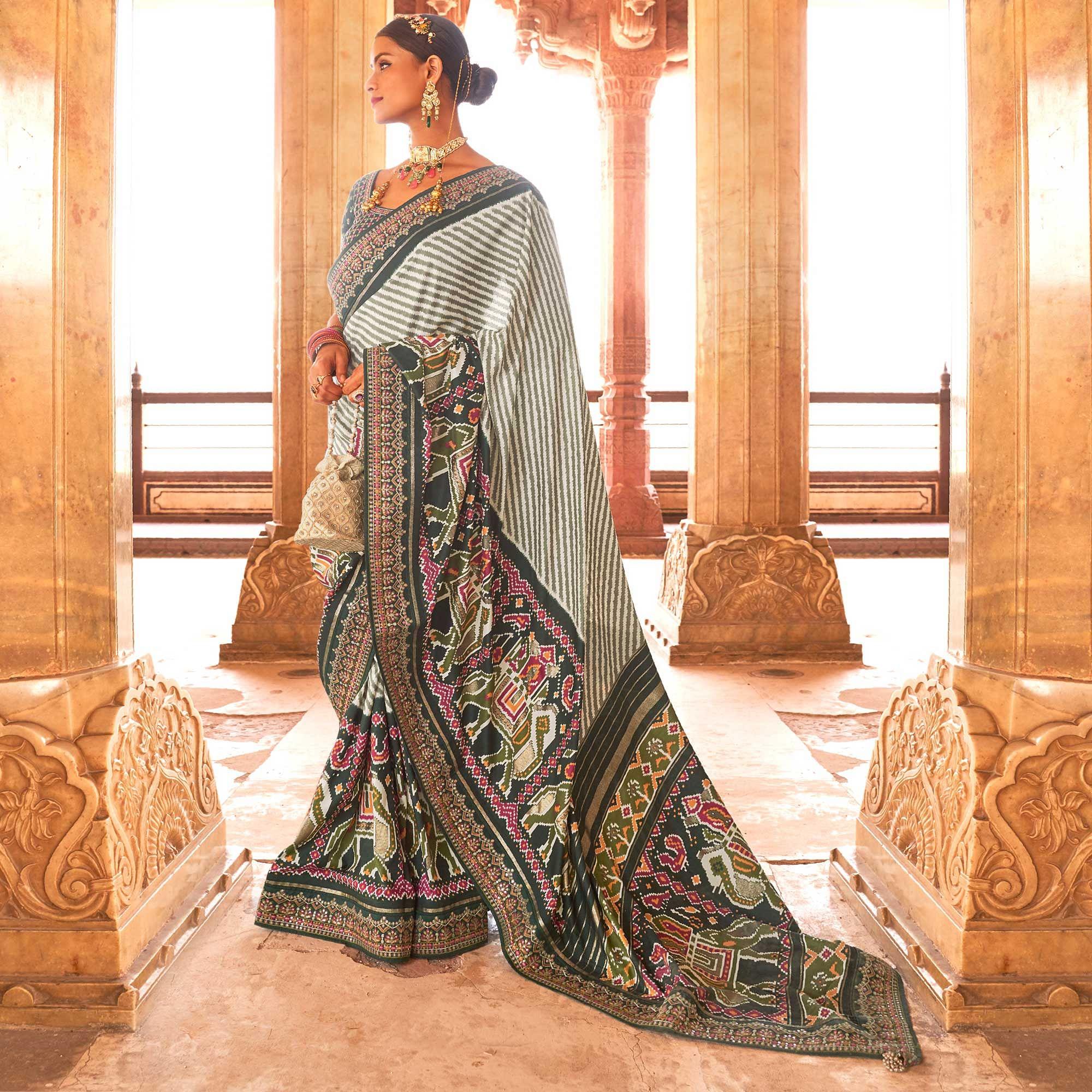 Bottle Green & Off White Patola Printed-Sequence Embroidered Pure Silk Saree - Peachmode