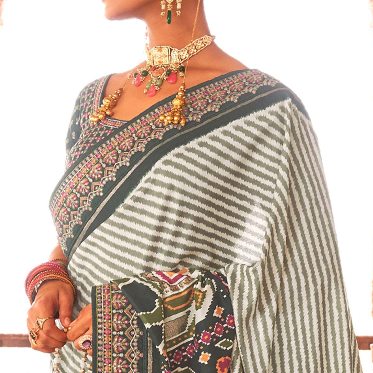 Bottle Green & Off White Patola Printed-Sequence Embroidered Pure Silk Saree - Peachmode