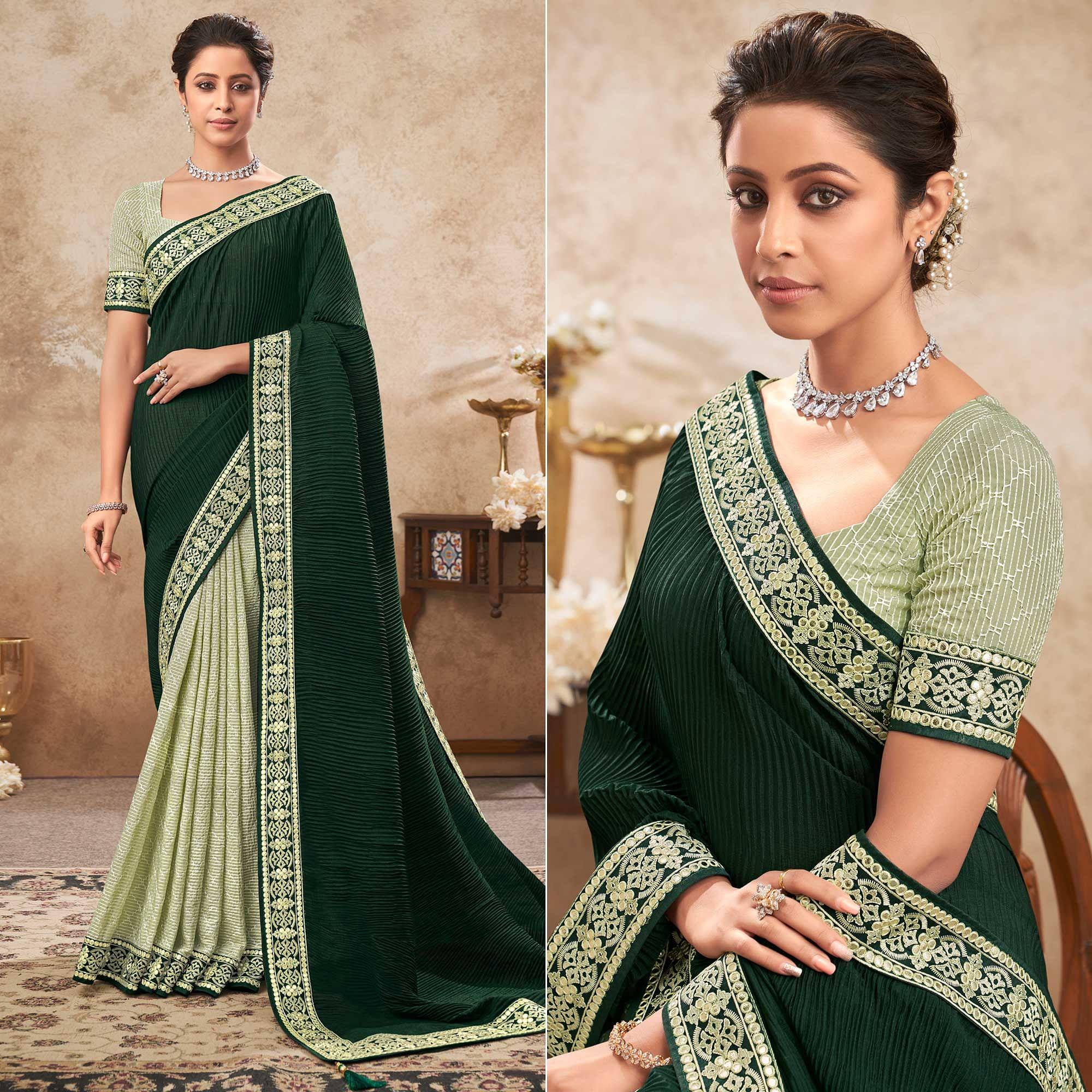 Bottle Green & Pista Green Sequence Embroidered Chiffon Half & Half Saree - Peachmode