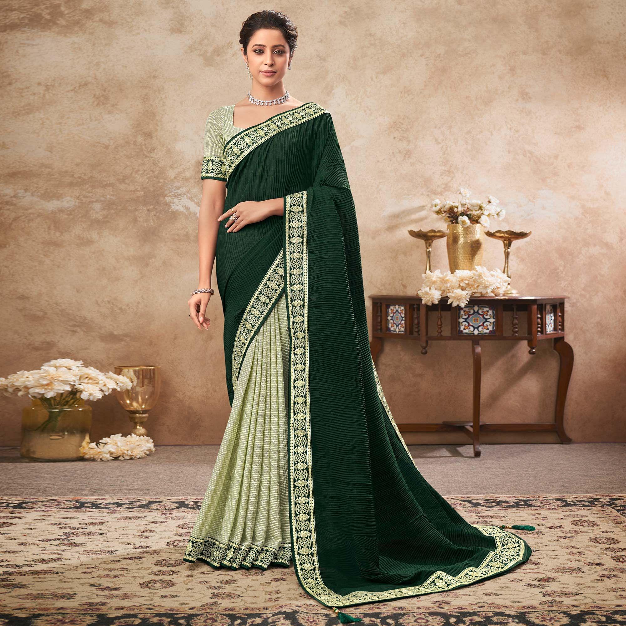 Bottle Green & Pista Green Sequence Embroidered Chiffon Half & Half Saree - Peachmode