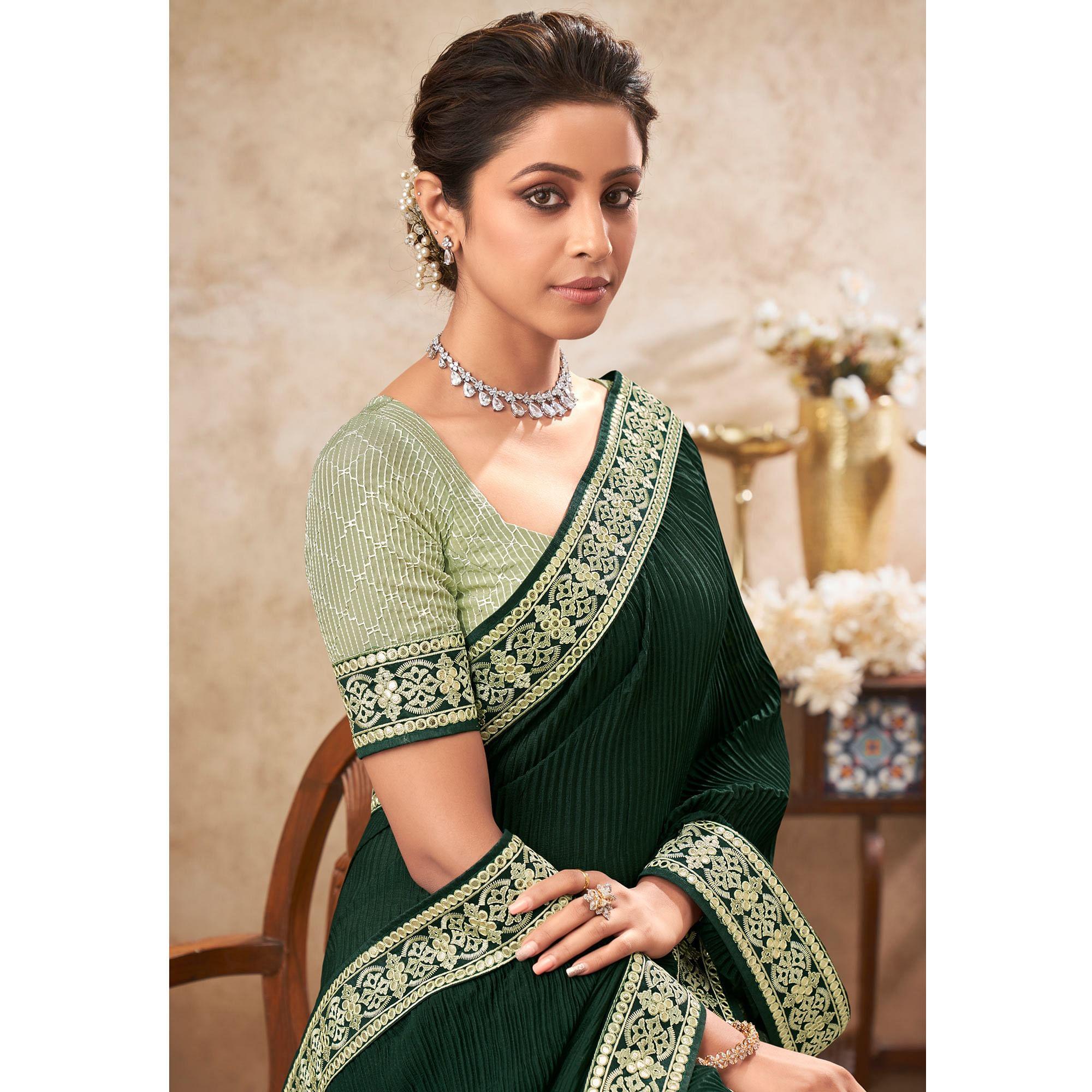 Bottle Green & Pista Green Sequence Embroidered Chiffon Half & Half Saree - Peachmode