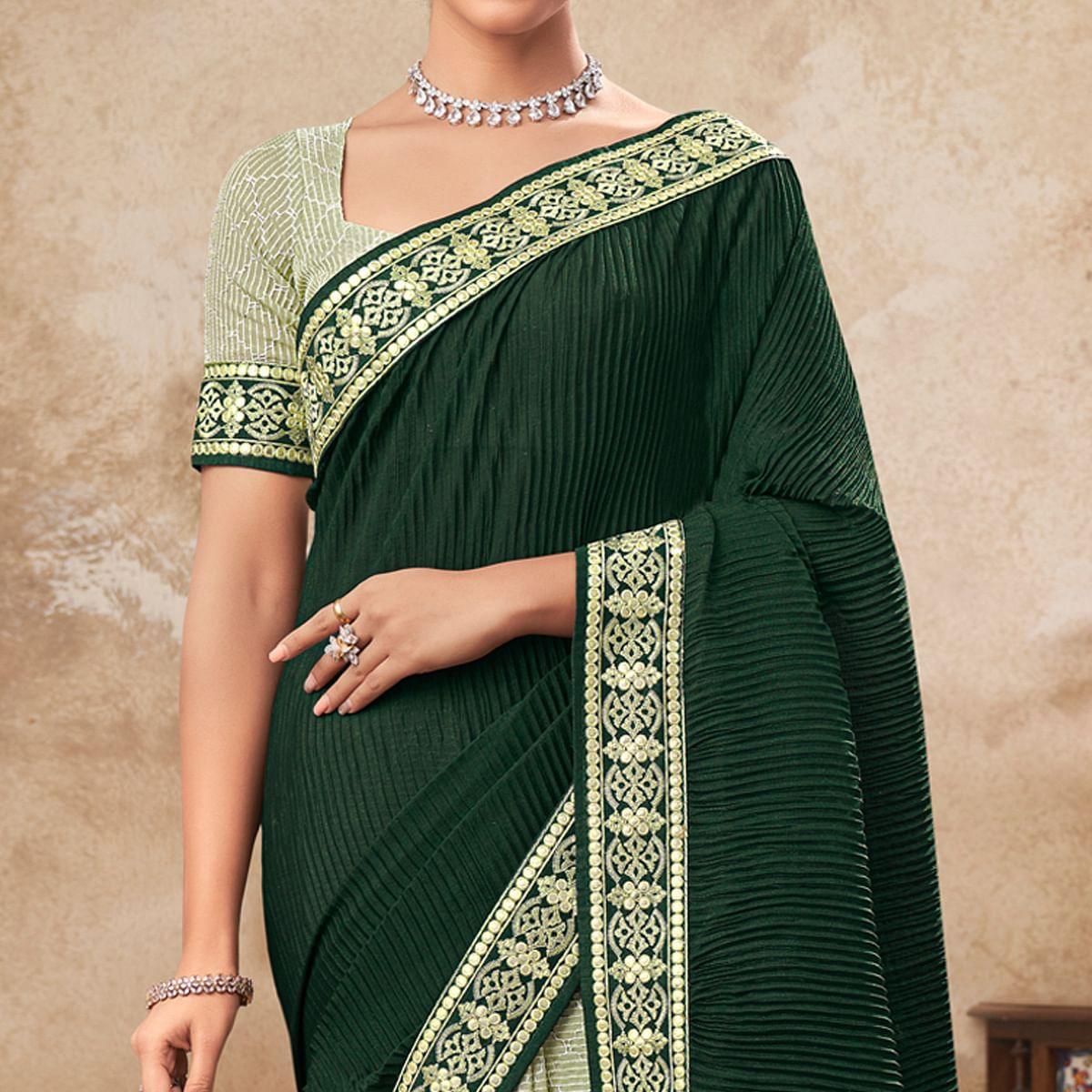 Bottle Green & Pista Green Sequence Embroidered Chiffon Half & Half Saree - Peachmode